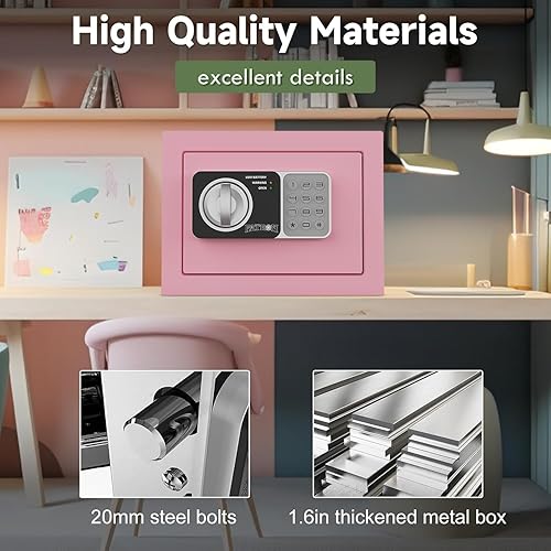 Miniatura 3 de PATRON pequeña caja fuerte con llave, mini caja fuerte por dinero, pequeñas cajas fuertes para el hogar con código, 0.236 pies cúbicos rosa
