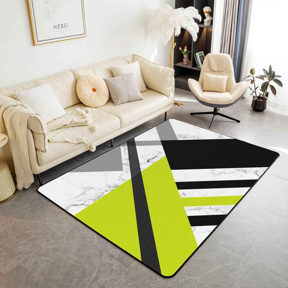 Lime Green Grey Carpet Green Black White Geometric Area Rug 5x7 Patchwork Triangle Stripe Accent Rug Set for Kids Adults Abstract Marble Decorative Rug Bedroom, Living Room, Bedside Decor