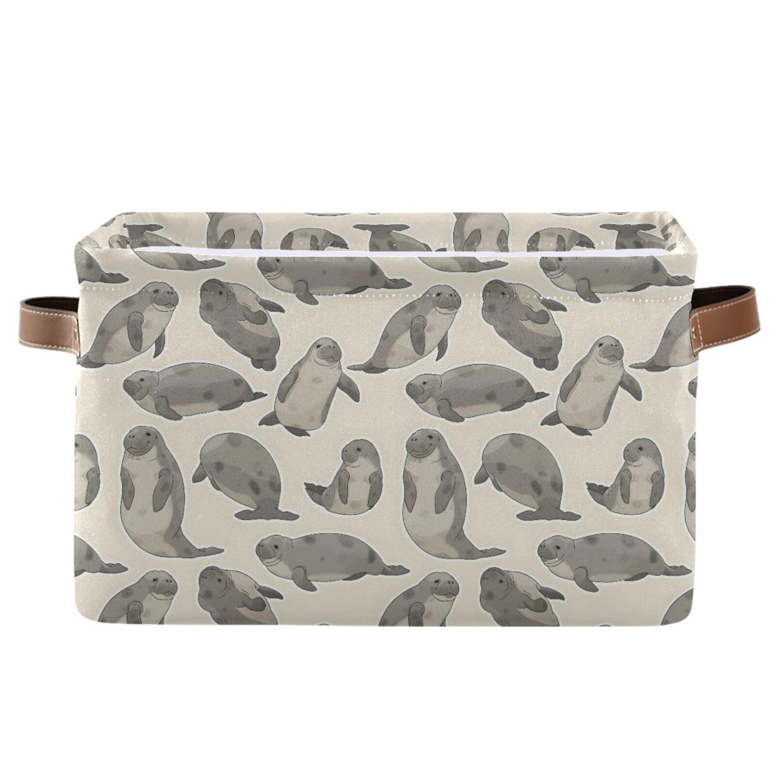 ALAZA Manatee Cartoon Foldable Storage Box Storage Basket Organizer Bins with Handles for Shelf Closet Living Room Bedroom Home Office 2 Pack