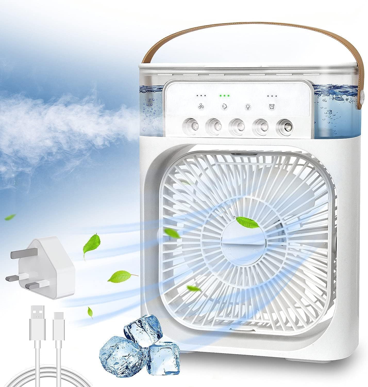 Przenośny klimatyzator 5 w 1 - chłodzenie, nawilżanie, aromaterapia, światło nocne, wentylacja; zbiornik 600 ml, głowica obrotowa 180°, 26 × 21 cm, USB | FRIOZA