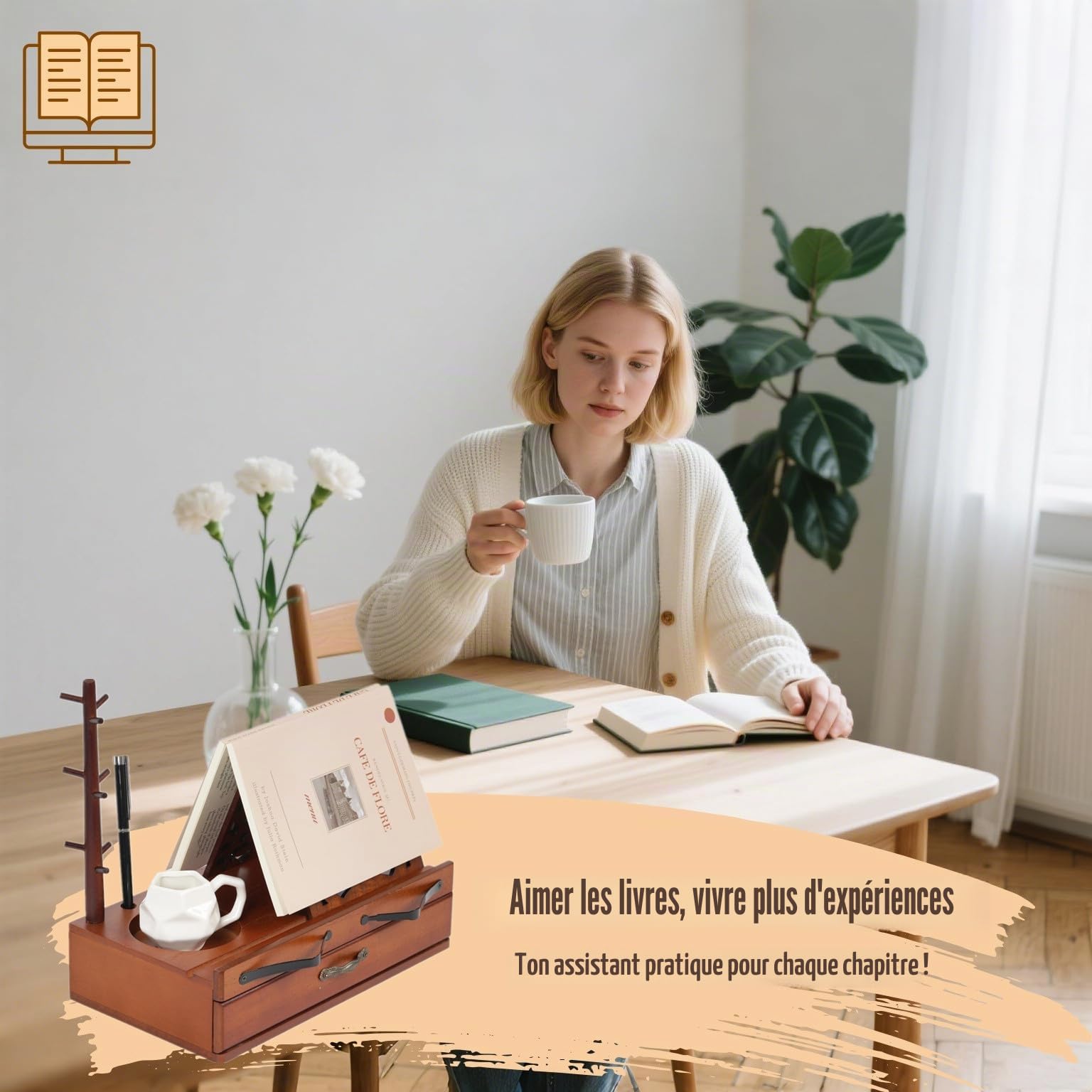 Support de Lecture en Bois avec Tiroir, Porte-stylo et Porte-tasse, Support de Livre Triangulaire pour Bureau et Table de Chevet