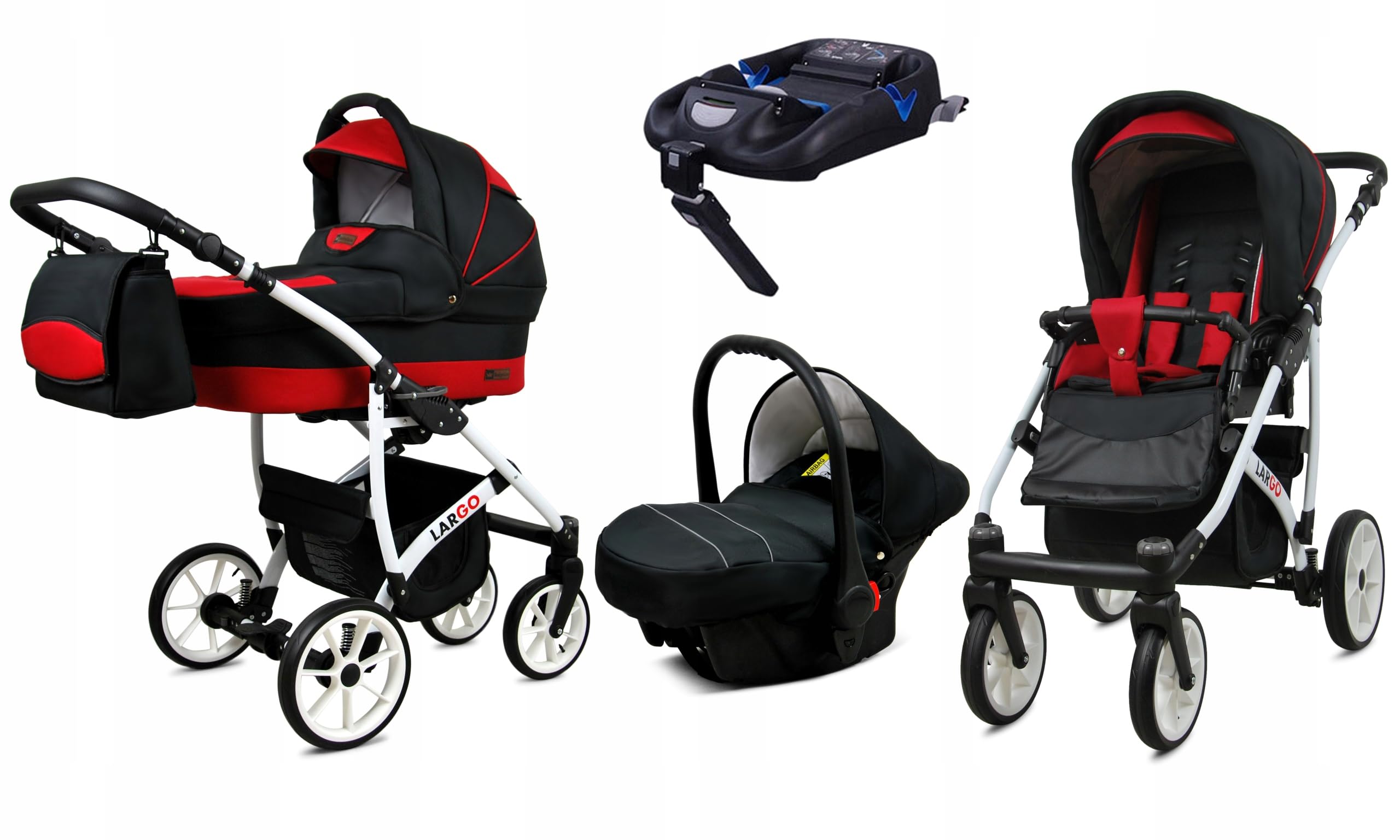 BabyLux Zestaw wózków dziecięcych 4 w 1 – Largo – w zestawie wanienka dla niemowląt, fotelik sportowy, fotelik samochodowy, stacja bazowa ISOFIX – fotelik samochodowy – zestaw wózków dziecięcych