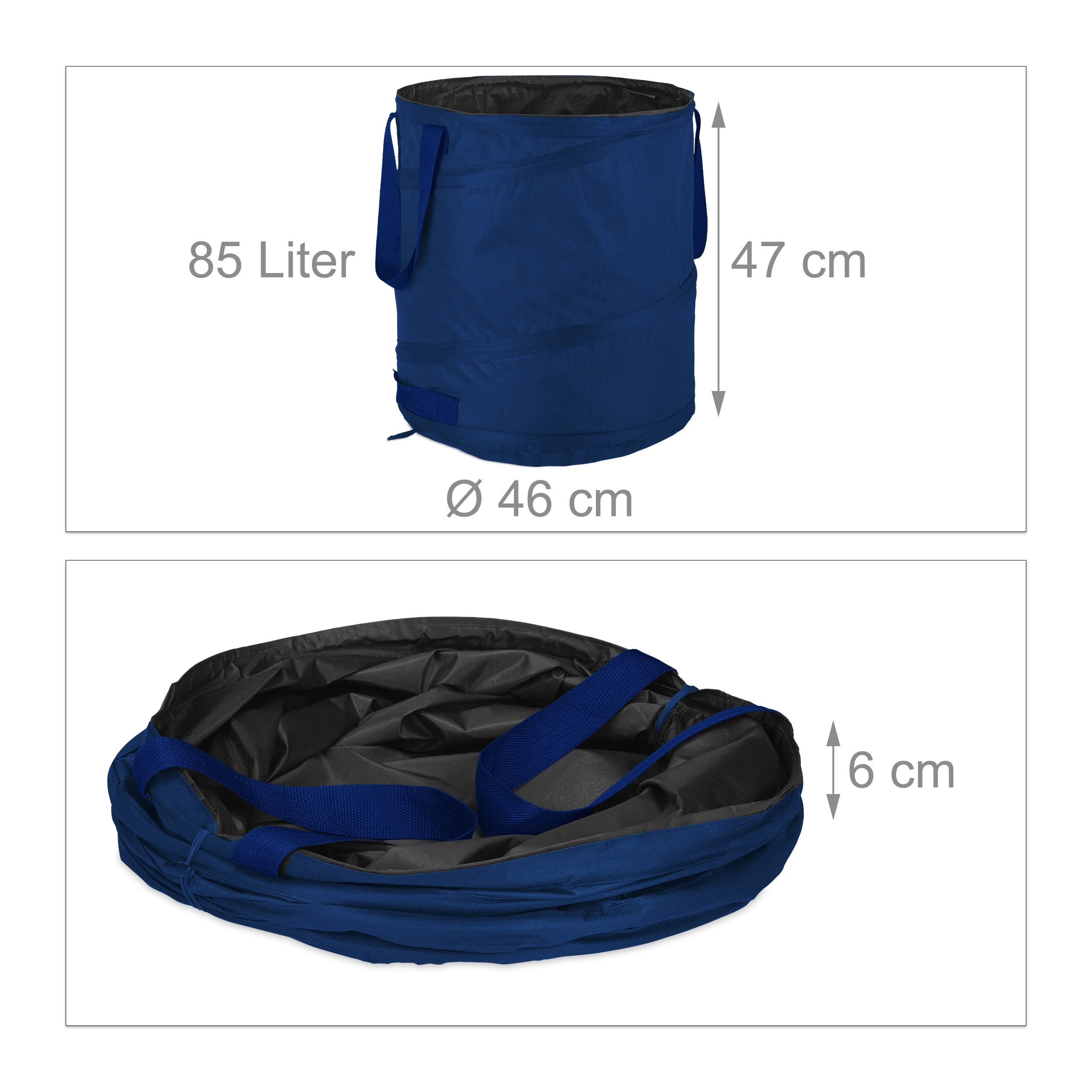 Relaxdays Sacchi da Giardinaggio, Set da 3, Fogliame e Rifiuti, Sistema Pop Up, 85 l, Impermeabile, HD 47x46 cm, Blu, Poliestere