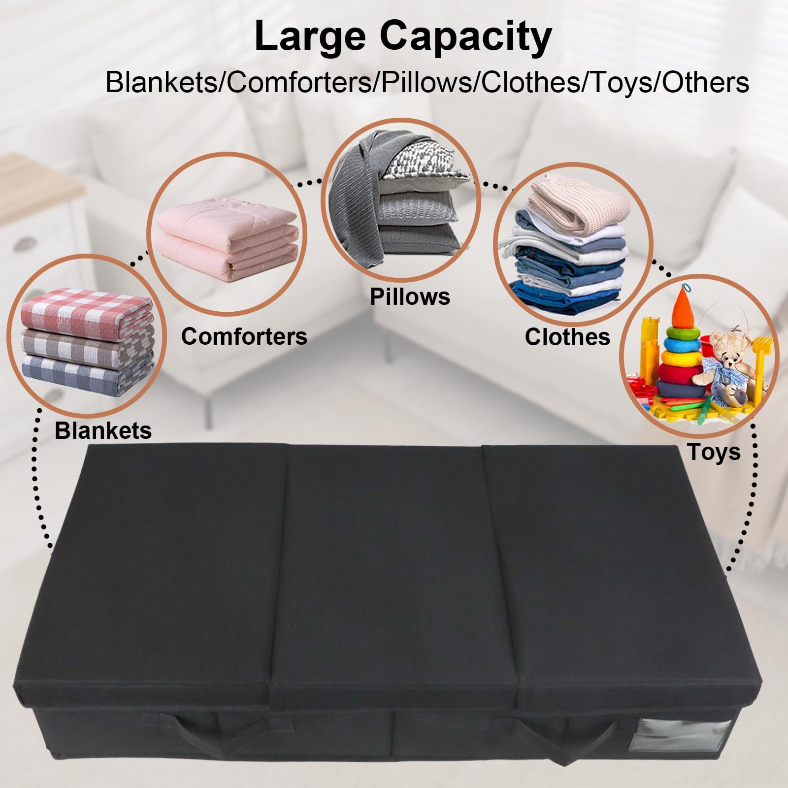 4 Pack Large Under Bed Storage with Lid,Sturdy & Foldable Underbed Storage Bins, Under the Bed Storage Containers Drawers Bedroom Organizer for Clothes,Shoes,Blankets,Toys,Sweaters,Sheets (4PC, Black)