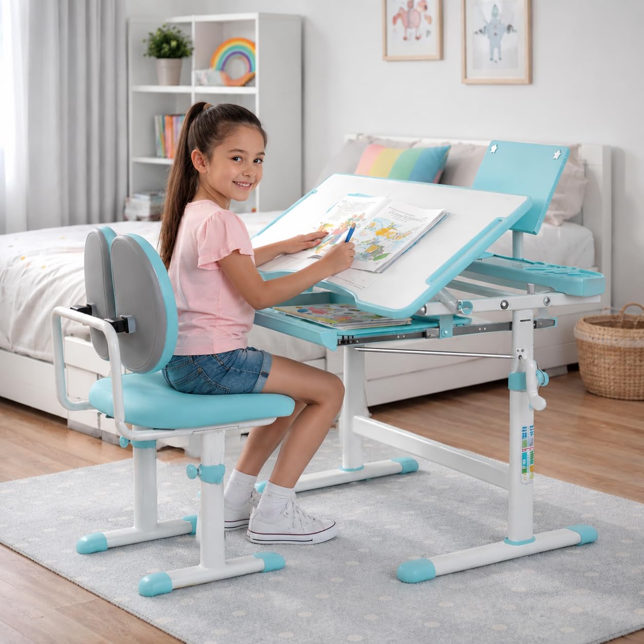 NUCARTURE Adjustable Study Table for Kids 5-12 Years Boys Girls Drawing Learning Reading Children Study Desk Table with Chair Kids Studying Table with Book Pen Holder (Blue)