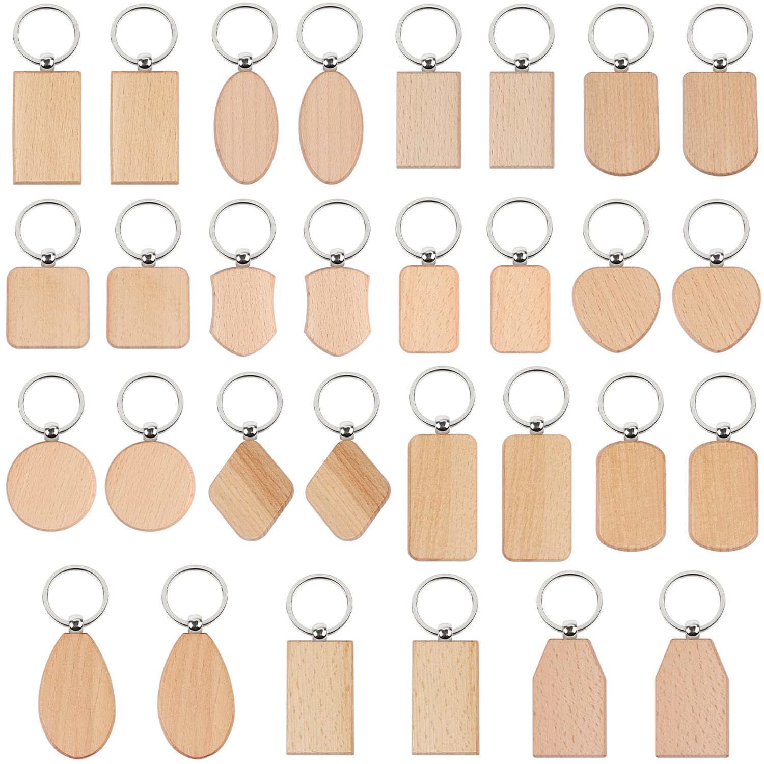 MIKIMIQI30 Pcs Wood Engraving Blanks Wooden Keychain Blanks Assorted Unfinished Wooden Key Tag for DIY Gift Crafts Laser Engraving Wood Key Chain Blanks