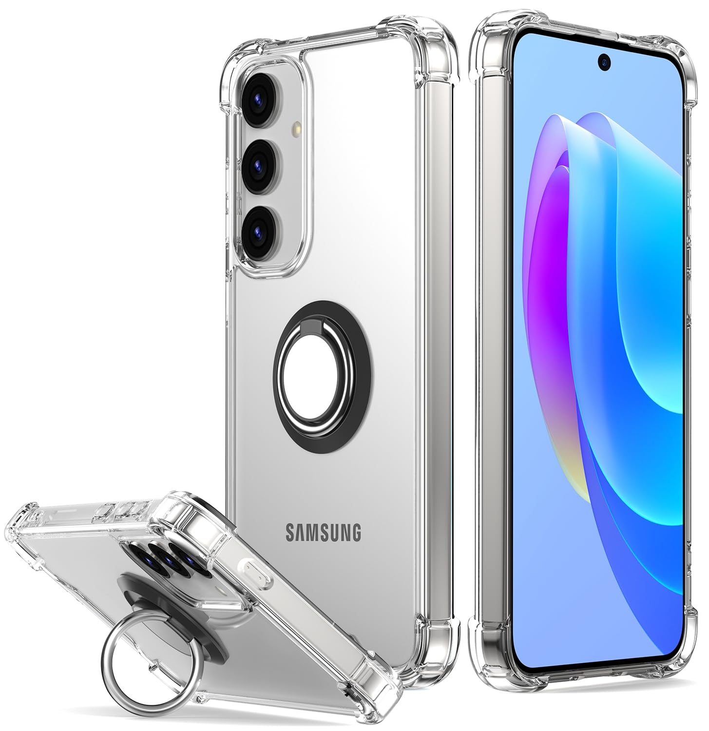 DAUPIN for Galaxy S25 Plus Case Clear with 360 Rotation Metal Ring Holder Stand, Support Magnetic Car Phone Mount Soft TPU Bumper PC Hard Protective Phone Case for Samsung S25 Plus 5G (Clear)