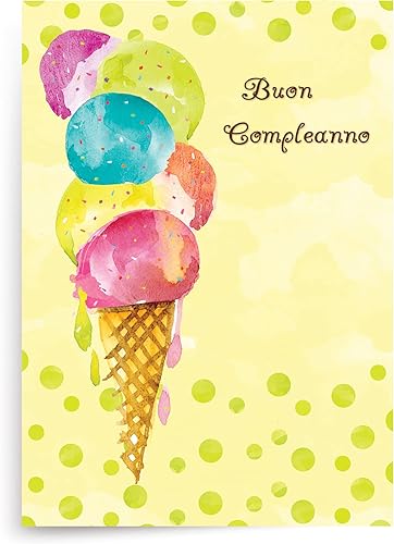 Designer Greetings Tarjetas de feliz cumpleaños en italiano, divertido diseño de helado colorido (paquete de 6 tarjetas con sobres verdes/6