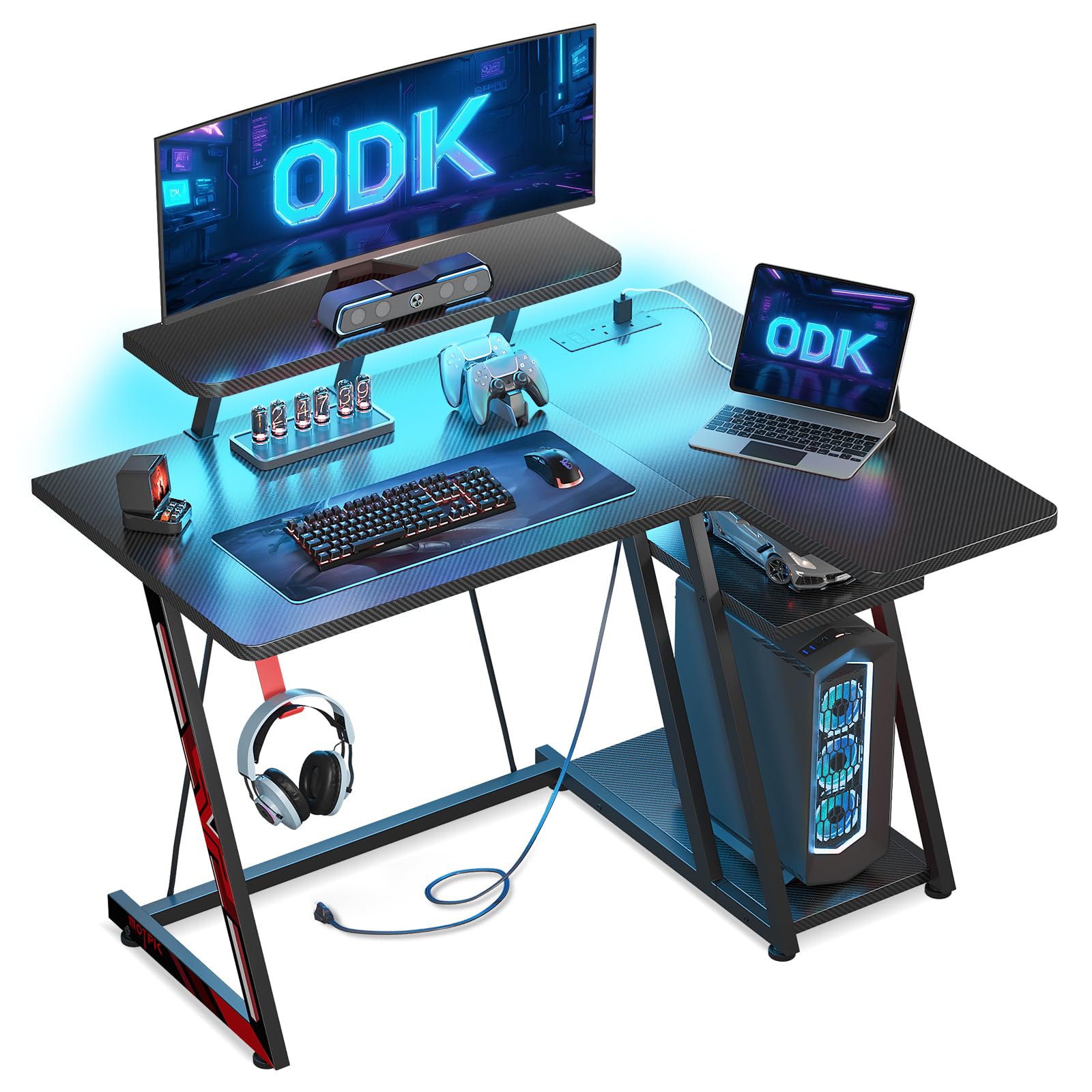 Gaming Desk with LED Lights & Power Outlets, 100CM Computer Desk with Monitor Stand, Corner Desk with Hook & Storage, L Shaped Gaming Desk Carbon Fiber Black