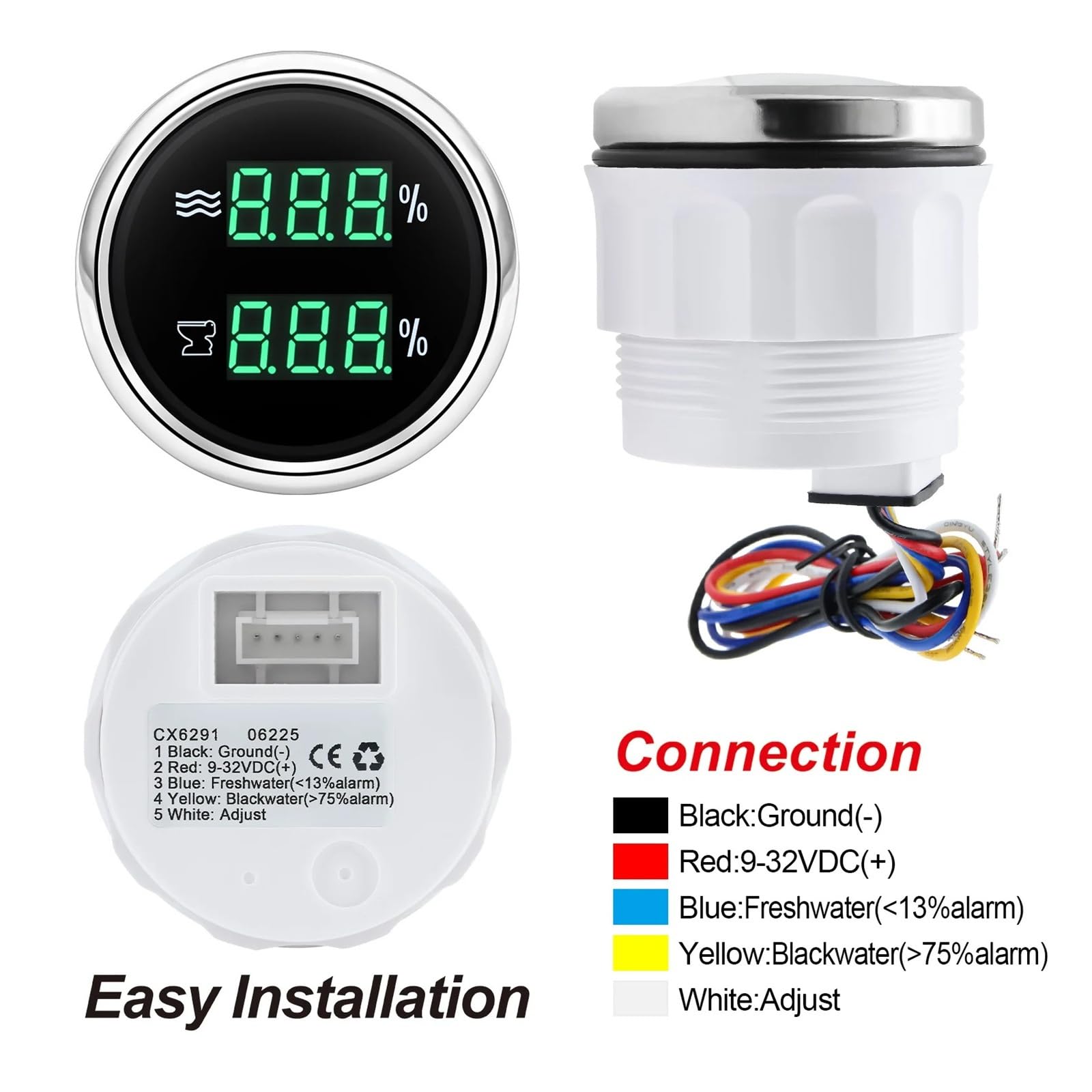 2IN1 Dual 52mm Messgerät mit grüner LED, digitaler Wasserstand + Abwasserpegelmesser for Autos mit Blitzalarm 0-190 Ohm, 240-33 Ohm, 0-90 Ohm Klare Messwerte(BB)