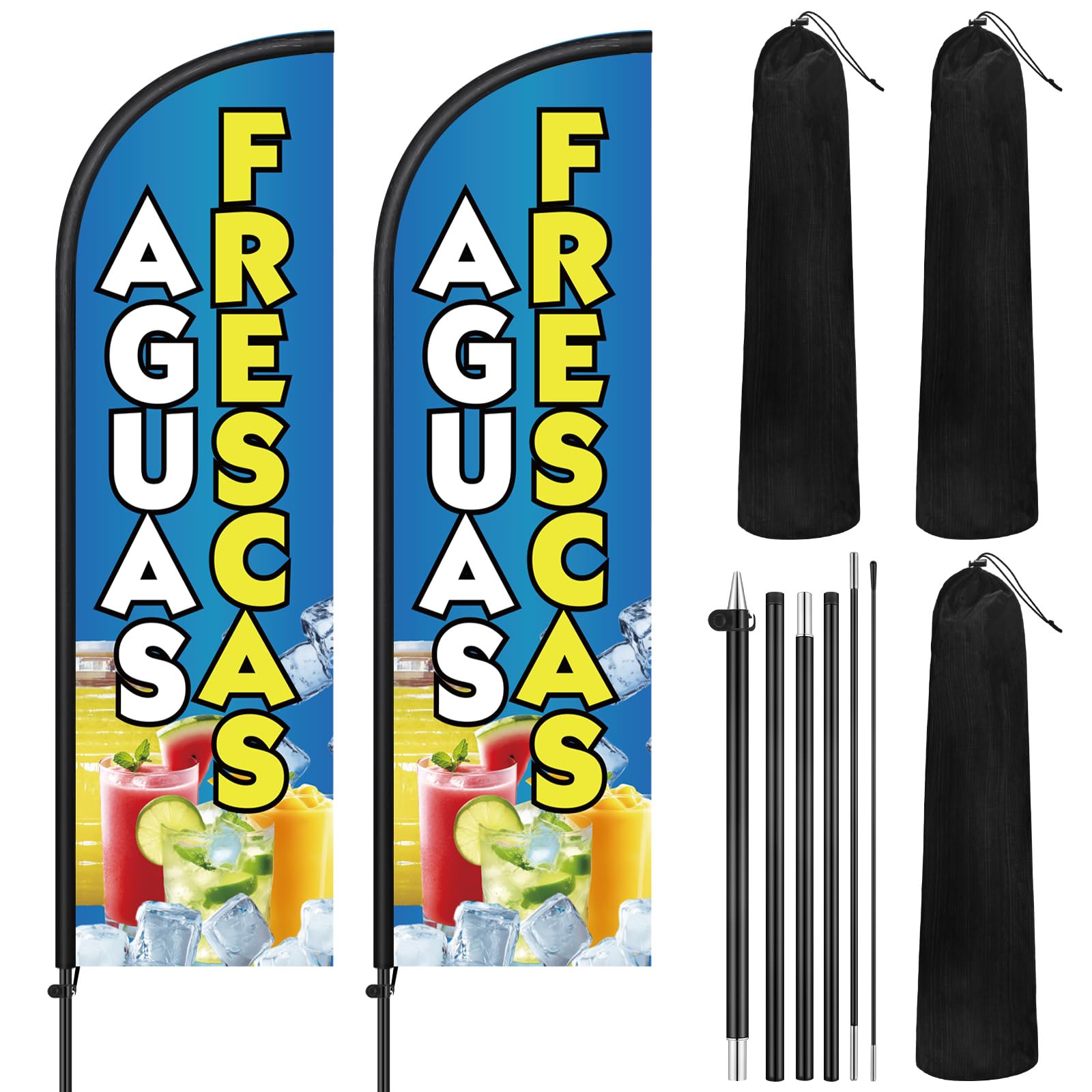 Remagr 2 Pack Aguas Frescas Feather Flag 7 ft Advertising Swooper Flag Sign Windless Aguas Frescas Banner with Pole Kit and Ground Stake for Businesses Restaurants Outside Ground