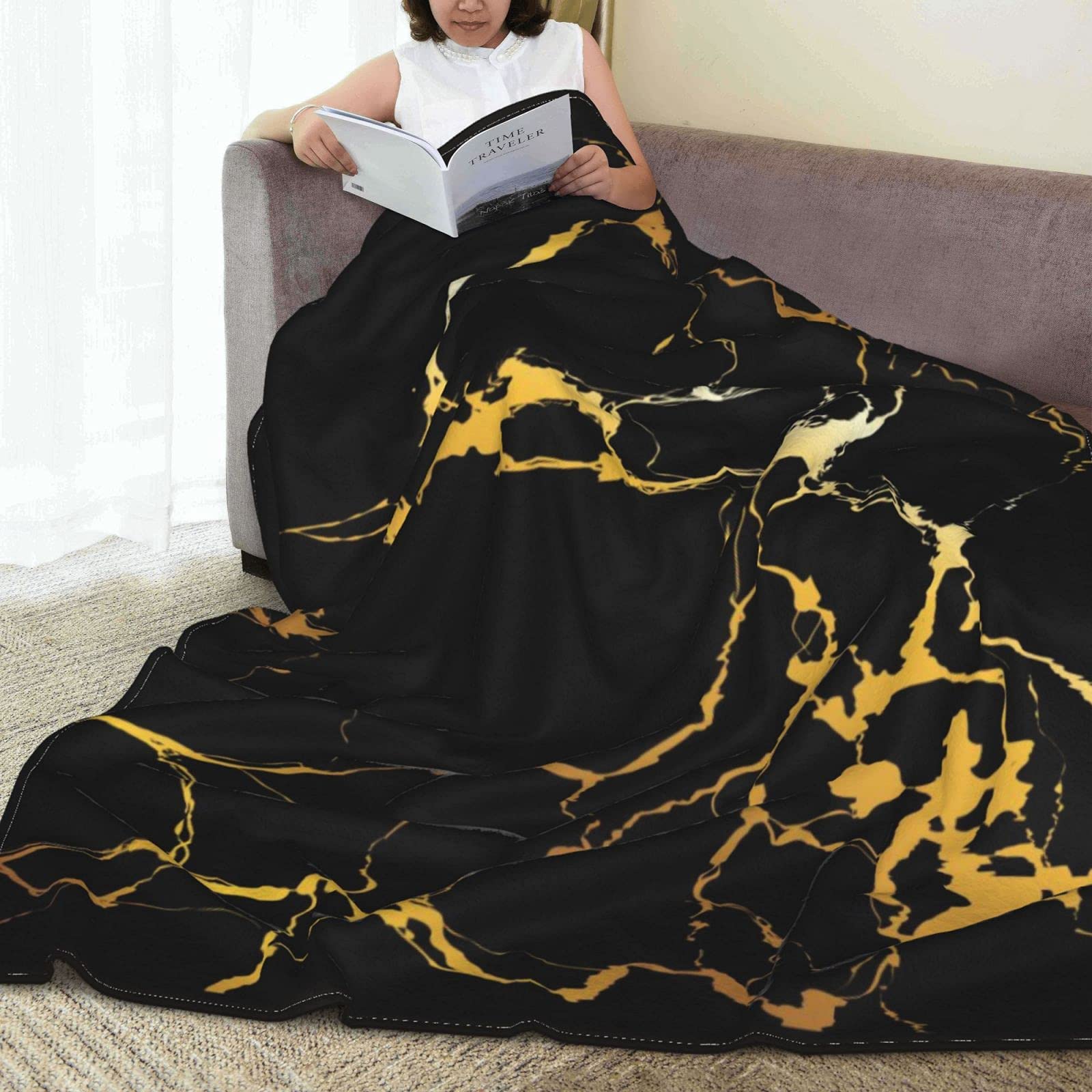 Coperta Coperta Morbida in Microfibra per la Primavera Estate Autunno Inverno Copridivano per Divano Letto, Coperte Leggere e accoglienti, Marmo Nero con Trama Dorata Backgroun 80x60