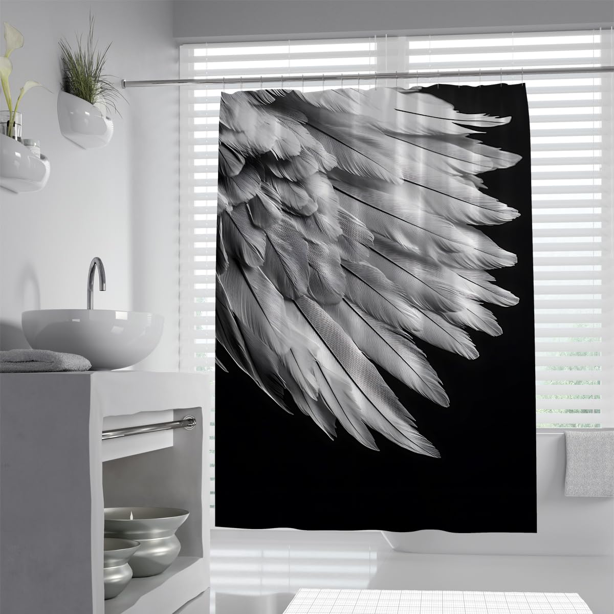 UIRINGART Feather Wing Shower Curtain W90xL180cm Dark Aesthetic Monochromatic Flight Water Repellent Quick Dry Rustproof Grommets Bath Decor