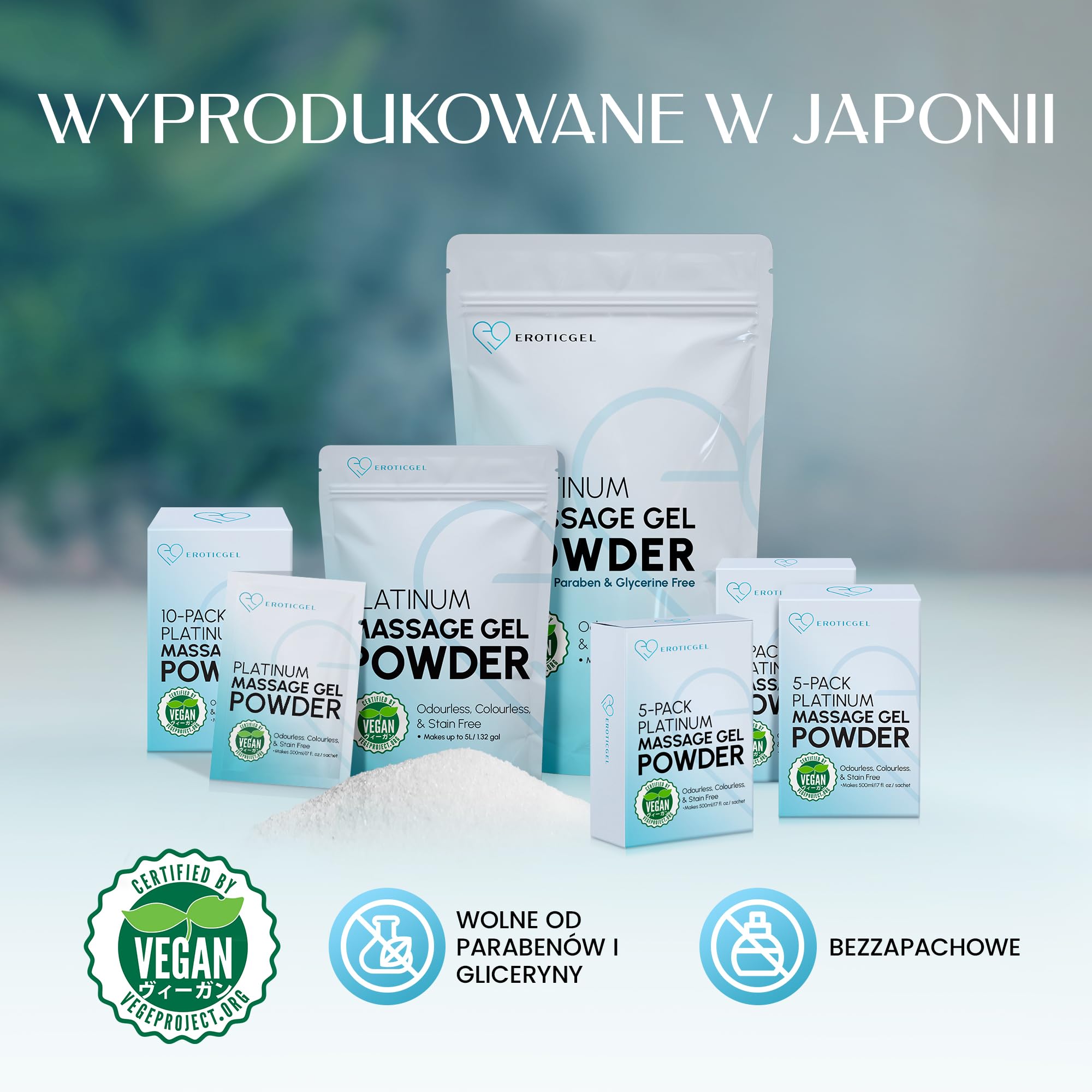 Japoński żel do masażu Nuru w proszku Platinum 10x5 g, zapewnia 5 litrów