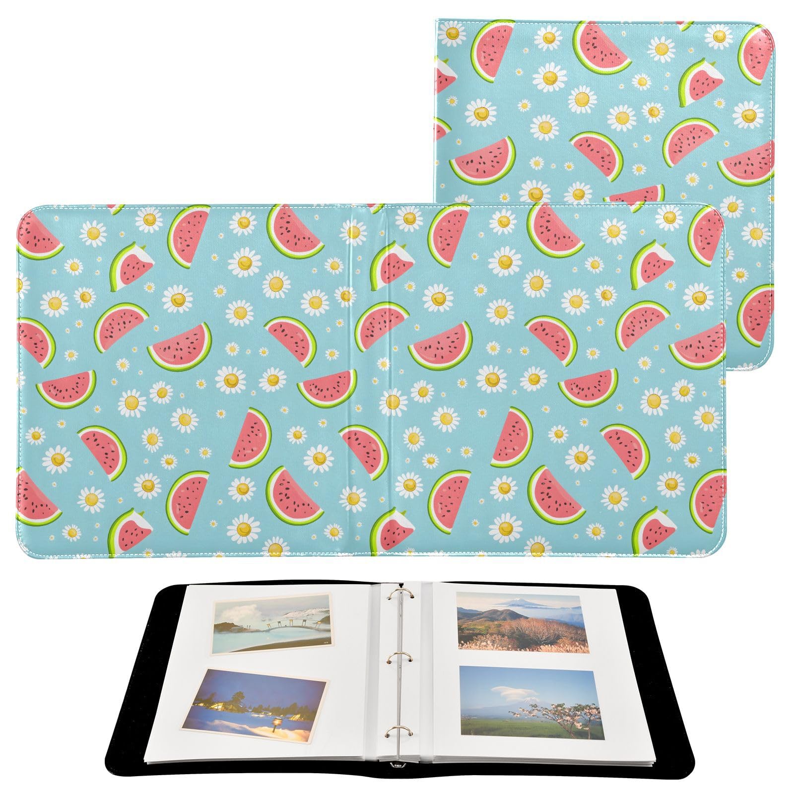 JIPONI Watermelons and Daisies Large Photo Album, DIY Leather Cover Scrapbook Albums for 4x6 5x7 6x8 Pictures, Self Adhesive Memory Book for Wedding, Baby, Family