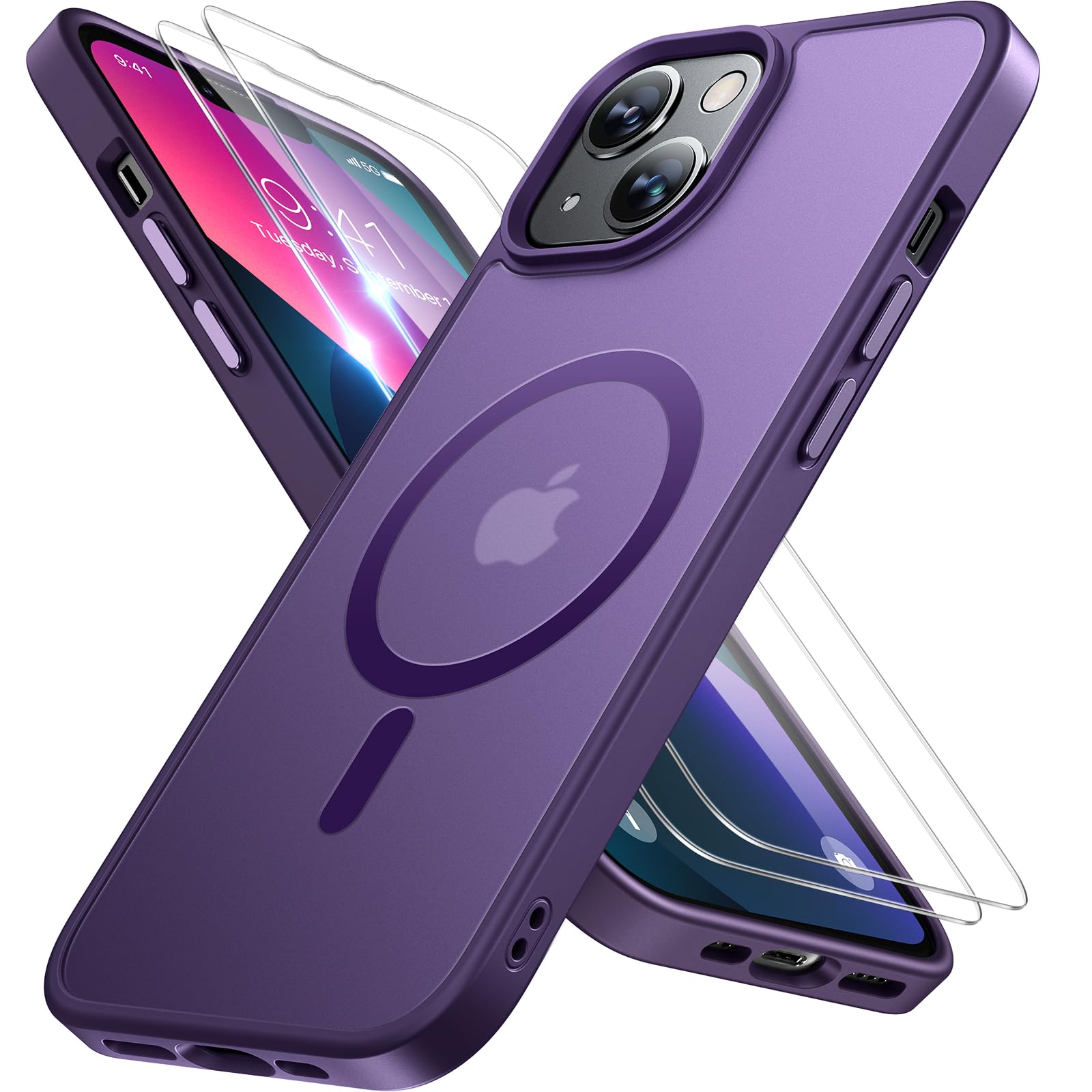 Miracase Magnetic for iPhone 13 Case 6.1 inch (Compatible with MagSafe)（with 2X Screen Protectors） Military-Grade Protection, Anti-Fingerprint Translucent Matte Phone Case Cover, Dark Purple