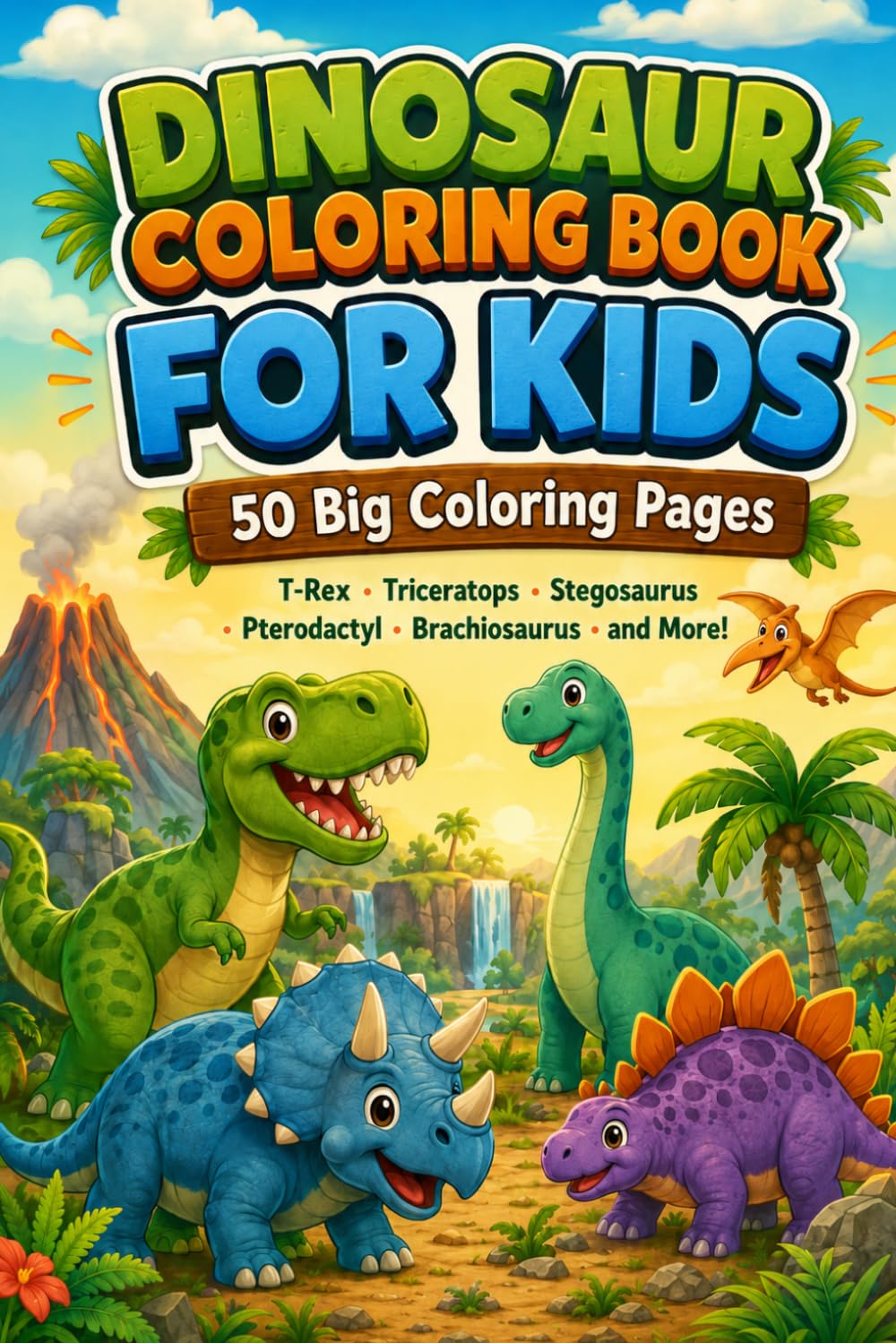 Dinosaur Coloring Book for Kids: 50 Big Bold Coloring Pages of T-Rex, Triceratops, Stegosaurus, Brachiosaurus, Pterodactyl, Velociraptors and More ... One-Sided Coloring Pages for Kids Ages 4-10