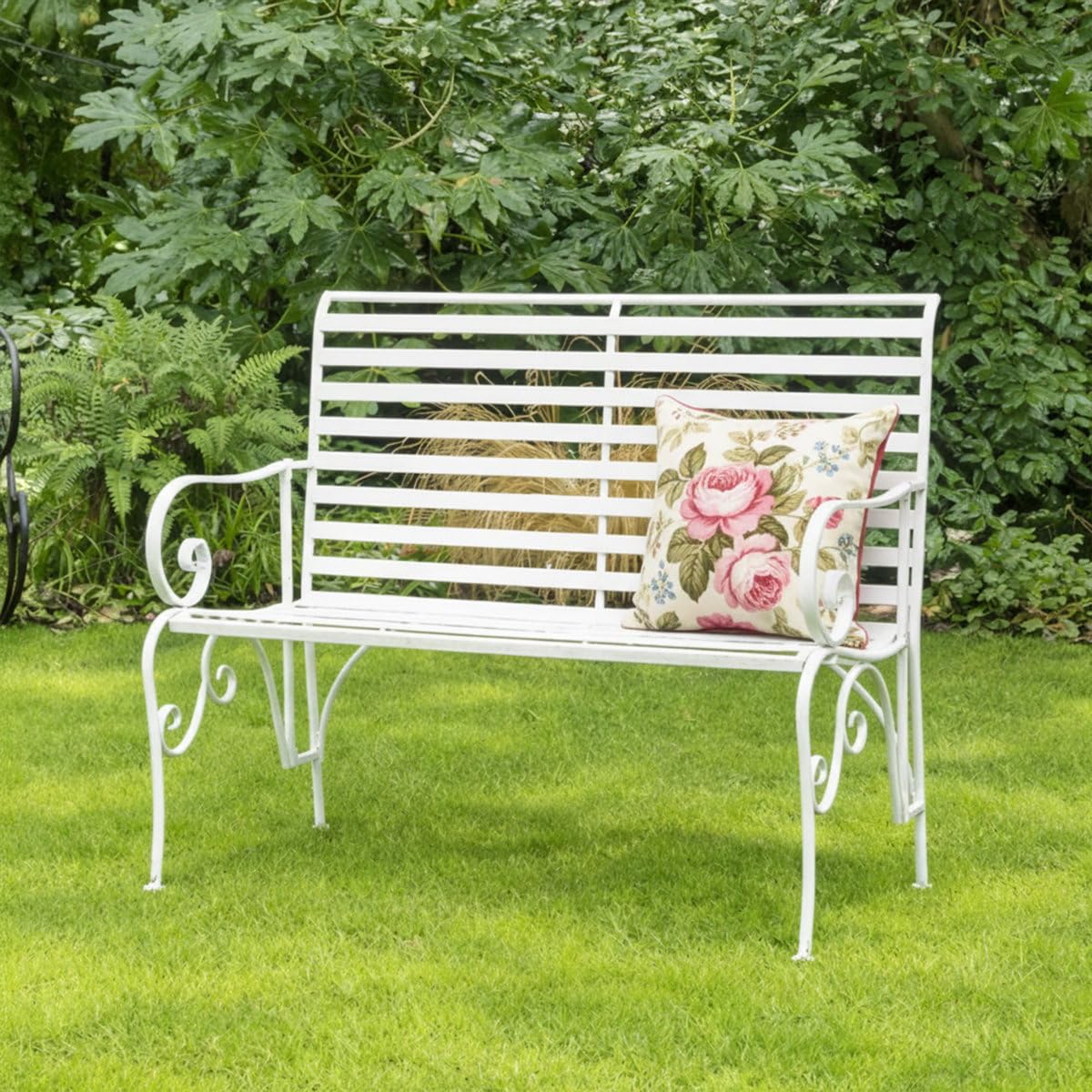 Melody Maison White Metal Ornate Distressed Garden Bench - 100cm x 92cm