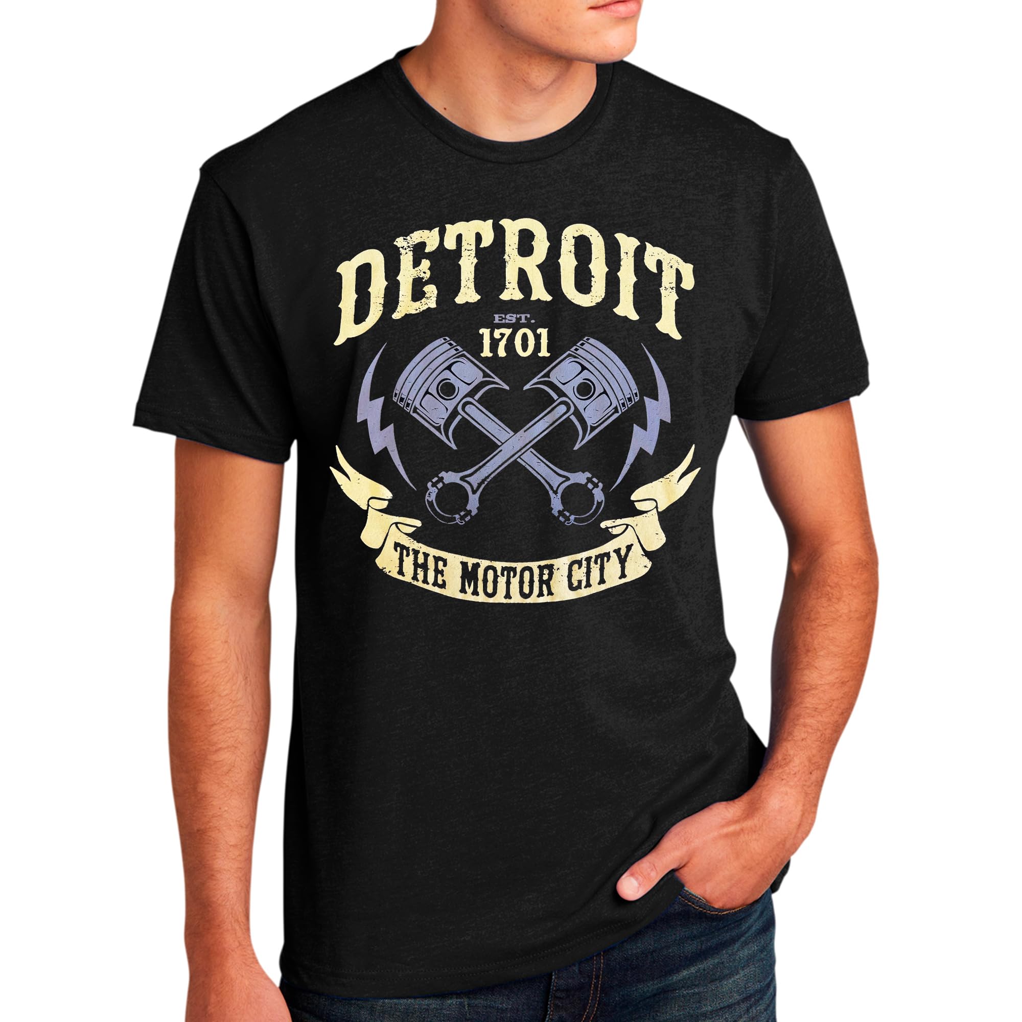 Detroit Motor City Muscle Crossed Pistons Black Perfect Blend T-Shirt