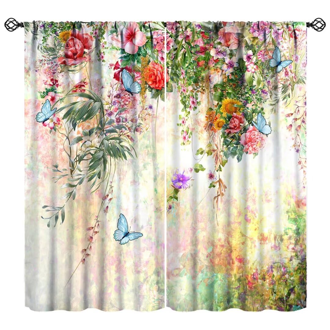 JanJCurt Rustic Floral Curtains, Watercolor Flower Blossom Blue Butterfly Spring Country Nature Garden Plant Print Blackout Window Drapes for Kitchen