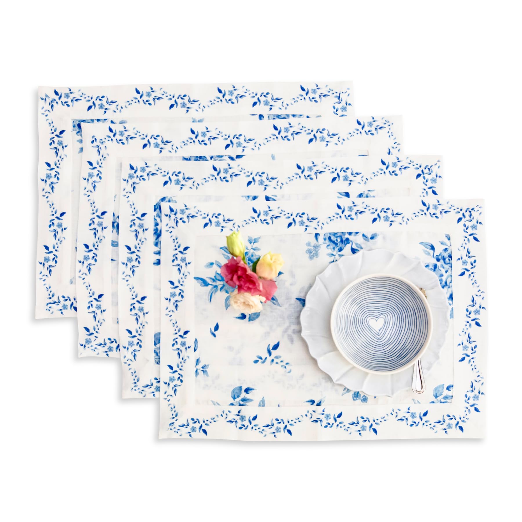 Solino Home Blue Floral Print Placemats 14 x 19 Inch - 100% Pure Linen Tablemats Set of 4 - Printed Linen Placemats for Winter, Spring, Easter - Jolie