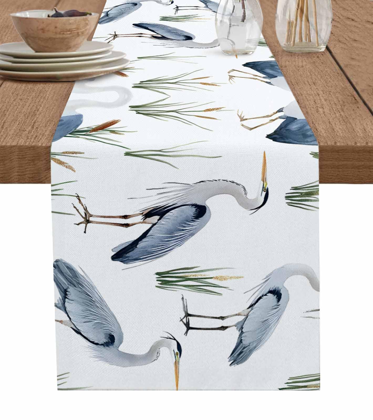 Sea Bird Seabird Heron on White Table Runner Dresser Scarf, Long-beaked Heron Decorative Table Runners for Home Kitchen Dinning Room Banquet Holiday