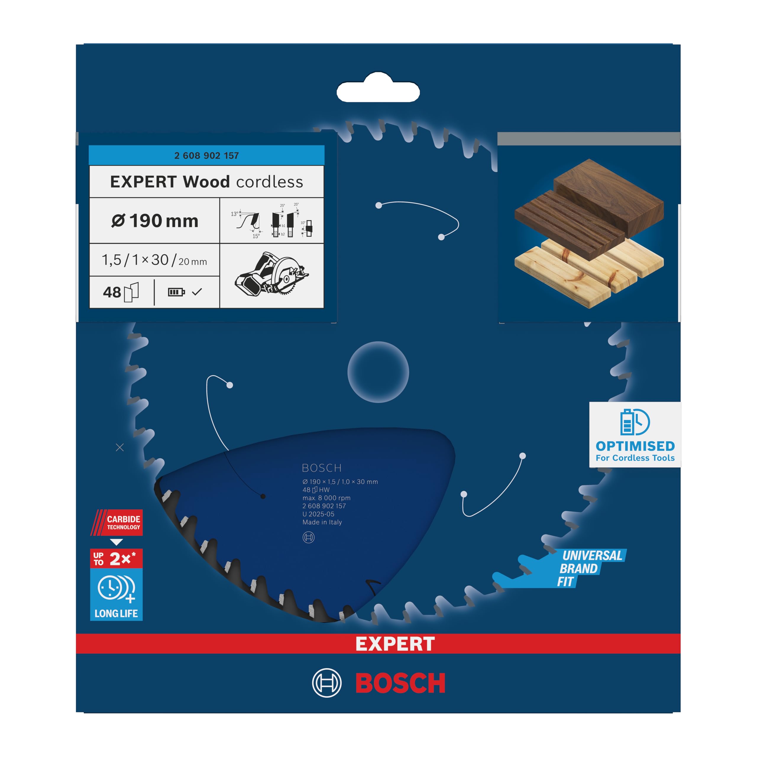Bosch 1x Lama per sega circolare EXPERT Wood cordless per sega circolare portatile (per Legno tenero, Legno duro, Ø mm, Professional Accessorio Seghe circolari a batteria portatili)