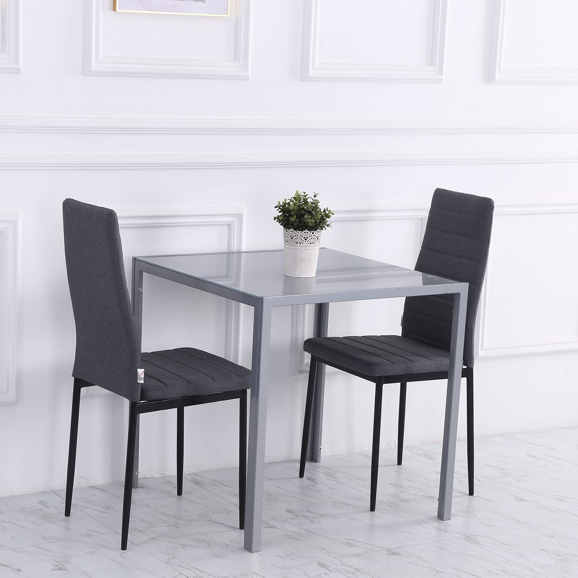 HOMCOM Esszimmertisch 75 x 75 cm, Quadratischer Küchentisch für 4 Personen, Esstisch aus Hartglas mit Metallbeine, moderner Tisch für Küche, Esszimmer und Wohnzimmer, Grau