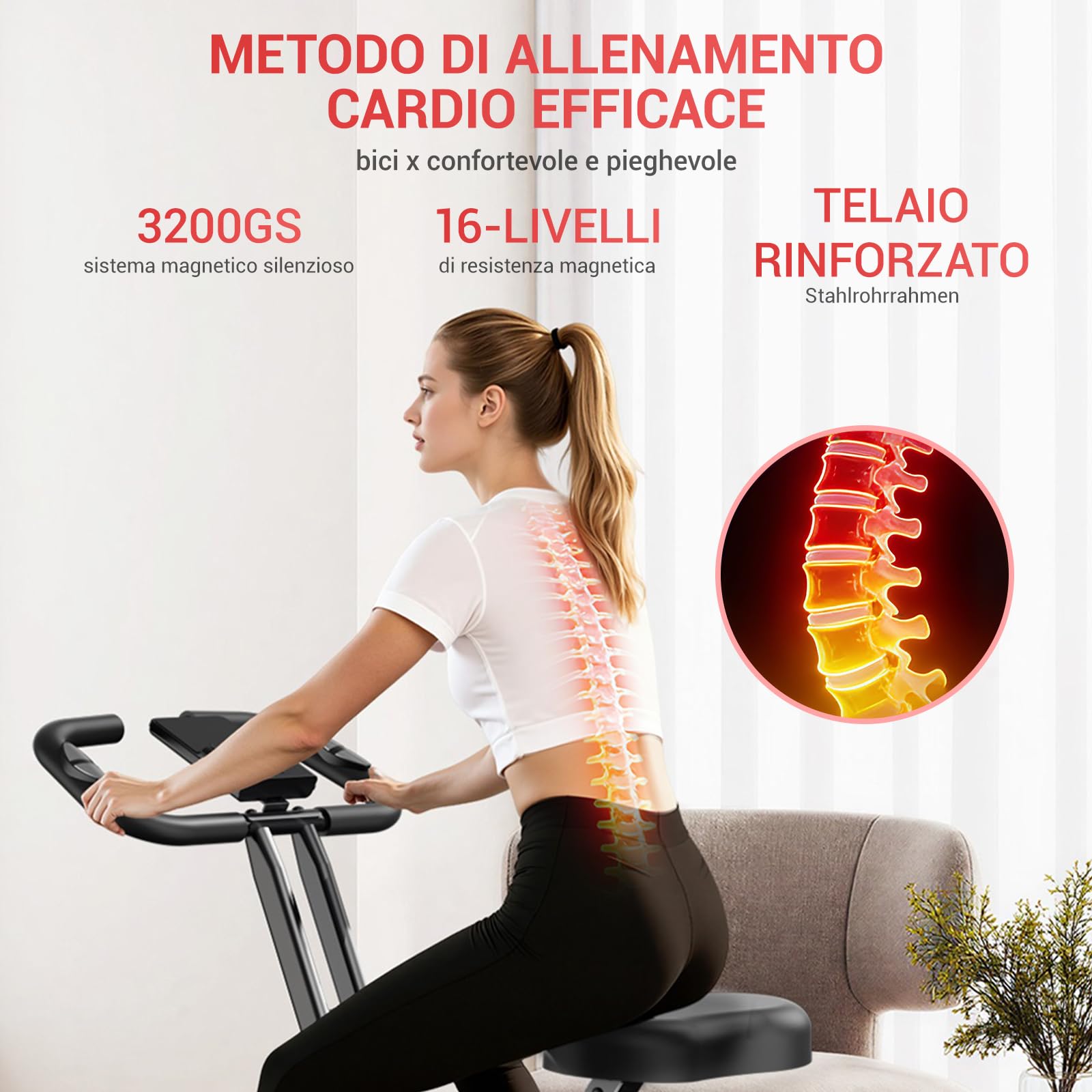 CURSOR cyclette da casa pieghevole Ergometer, cyclette pieghevole 5-in-1 | con Resistenza Magnetica a 16 Livelli, cyclette per casa Bici da Camera con Sedile Comodo, Massimo 136kg