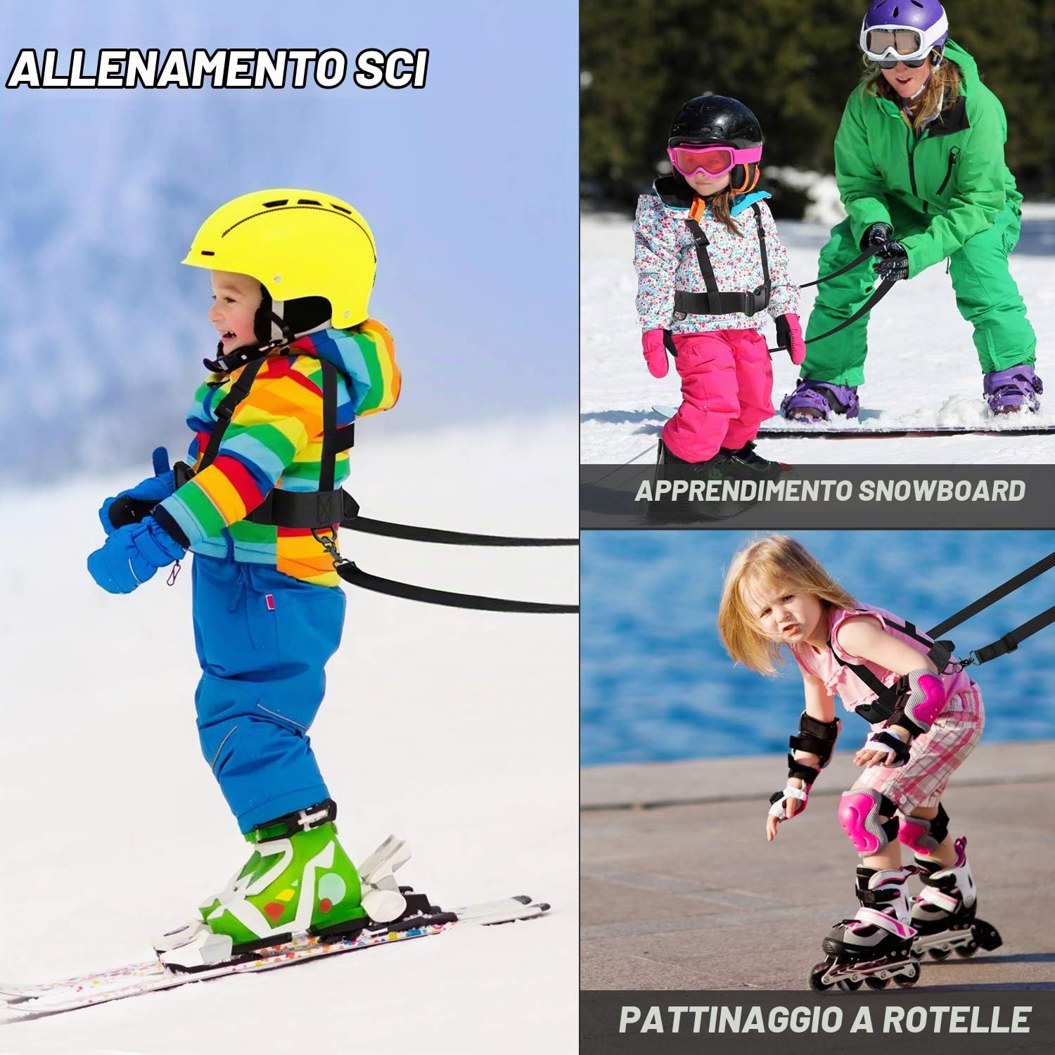 Odoland Imbracatura da Allenamento da Sci e Snowboard con Guinzaglio Rimovibile e Maniglia Sollevamento - Guinzaglio per Sci - Perfetto per i Bambini e Sciatori Principianti
