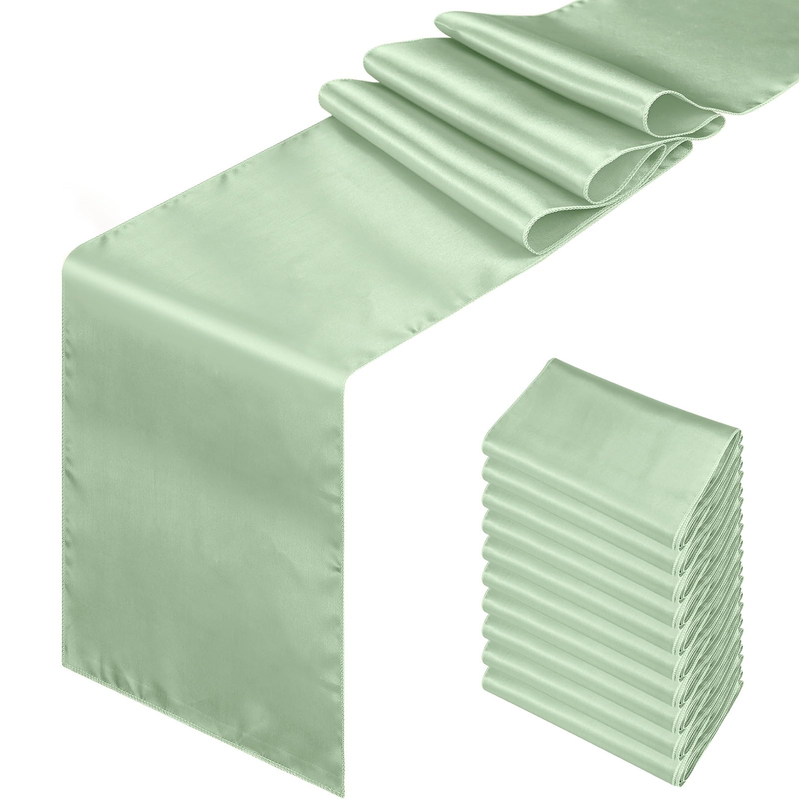 Cecombine Sage Green 10 Pack Satin Table Runners 12 X 108 Inches Long Premium Satin Table Runner Fit Rectange And Round Table For Birthday Parties, Banquets, Engagements Decoration, Wedding Party, Graduations