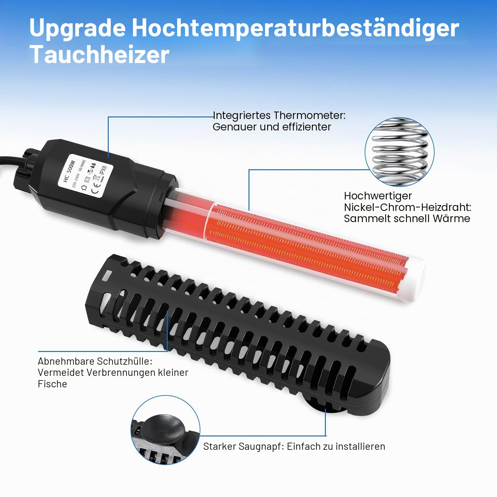 Aquarium Heizung, 500W Einstellbare Aquarium Heizstab mit Externem Digitalanzeige LED Controller, Übertemperaturschutz, Heizung für Aquarien für Salz- und Süßwasser(100-300L)