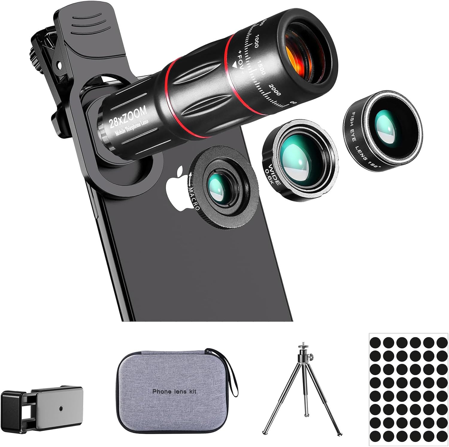 Phone Camera Lens Kit Upgraded Version Telephoto 28X Wide Angle 0.6X Macro 20X Fisheye 198° for Most Smartphones (Black)