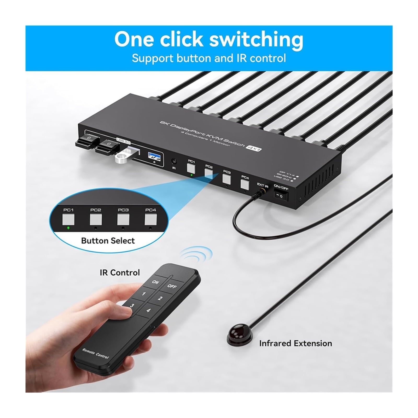 Przełącznik wideo, Przełącznik KVM 8K Displayport 1 monitory 4 komputery 4K 144 Hz 4x1 DP USB 3.0 do biur domowych, centrów danych
