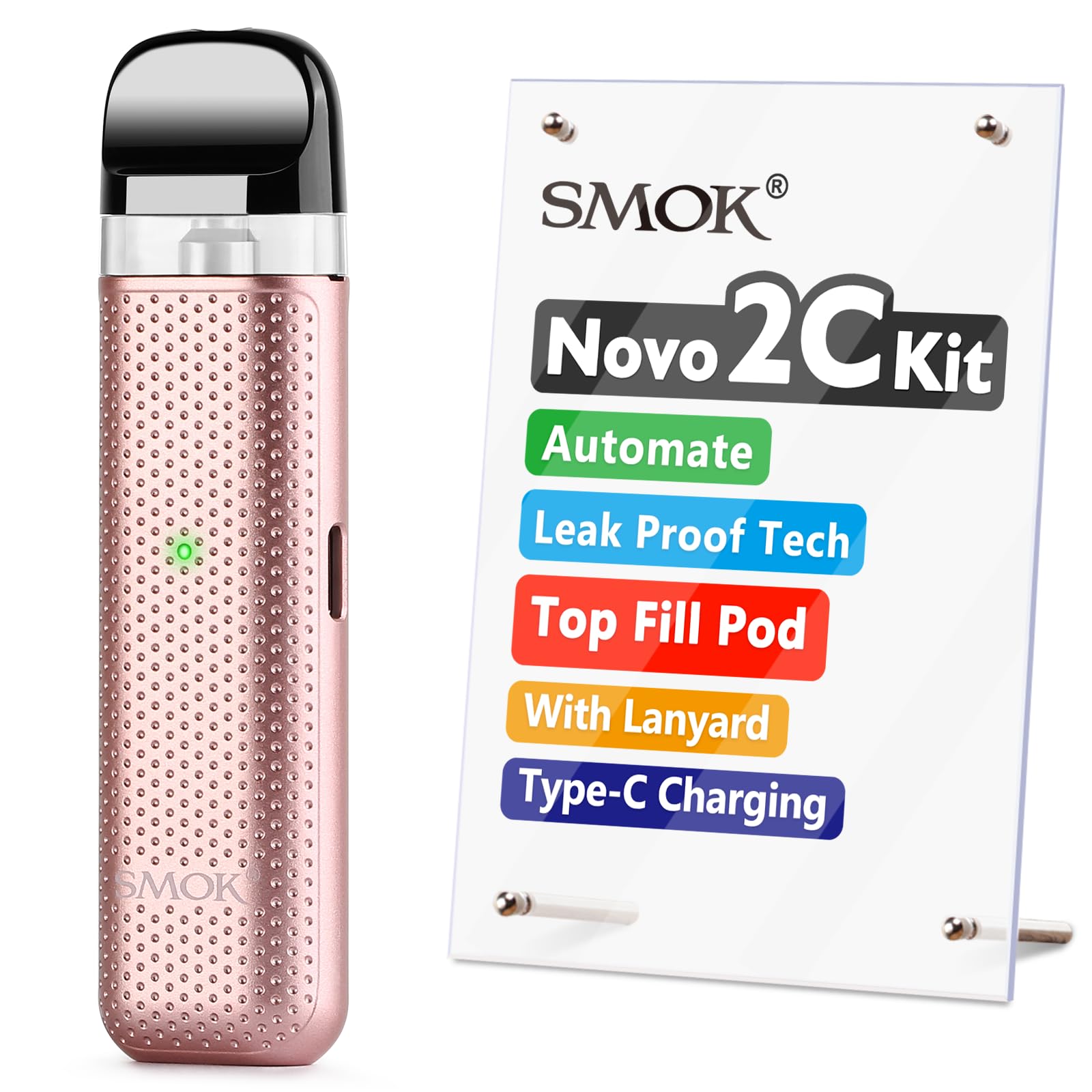 SMOKNovo 2C E Cigarettes Vape Starter Kit, Update Leak-Proof and Top Fill 2ml Pod, A Lanyard Included, LED Indicator, Automate Mini Smooth Vapor, USB Type-C Fast Charging, Ecig No Nicotine, Rose Gold