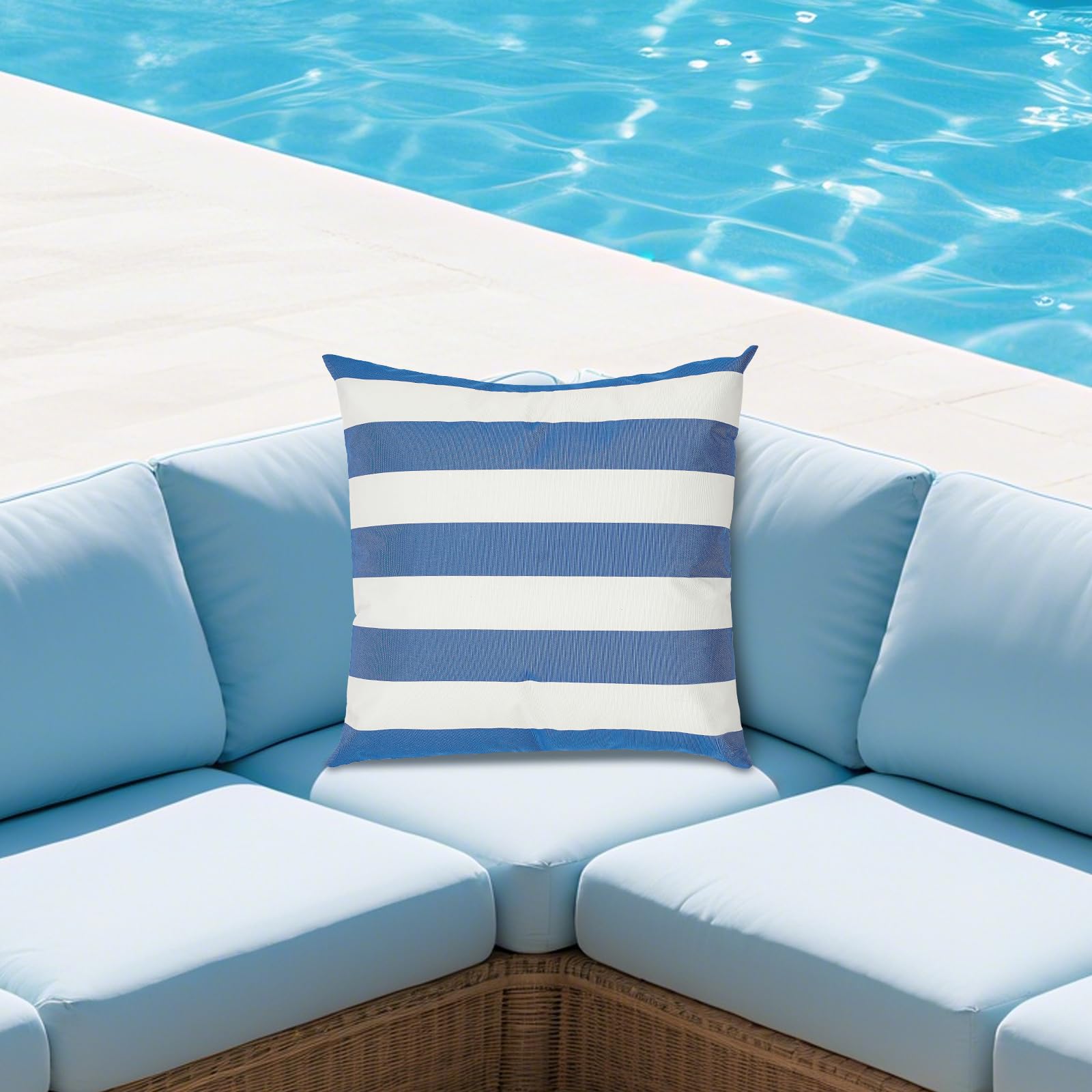 Outdoor Kissen wasserdichte Kissenfüllung Sofakissen 45x45cm, Streifenmuster, Unsichtbarer Reißverschluss für Garten, Balkon, Sofa und Strand (Blau, Weiß)