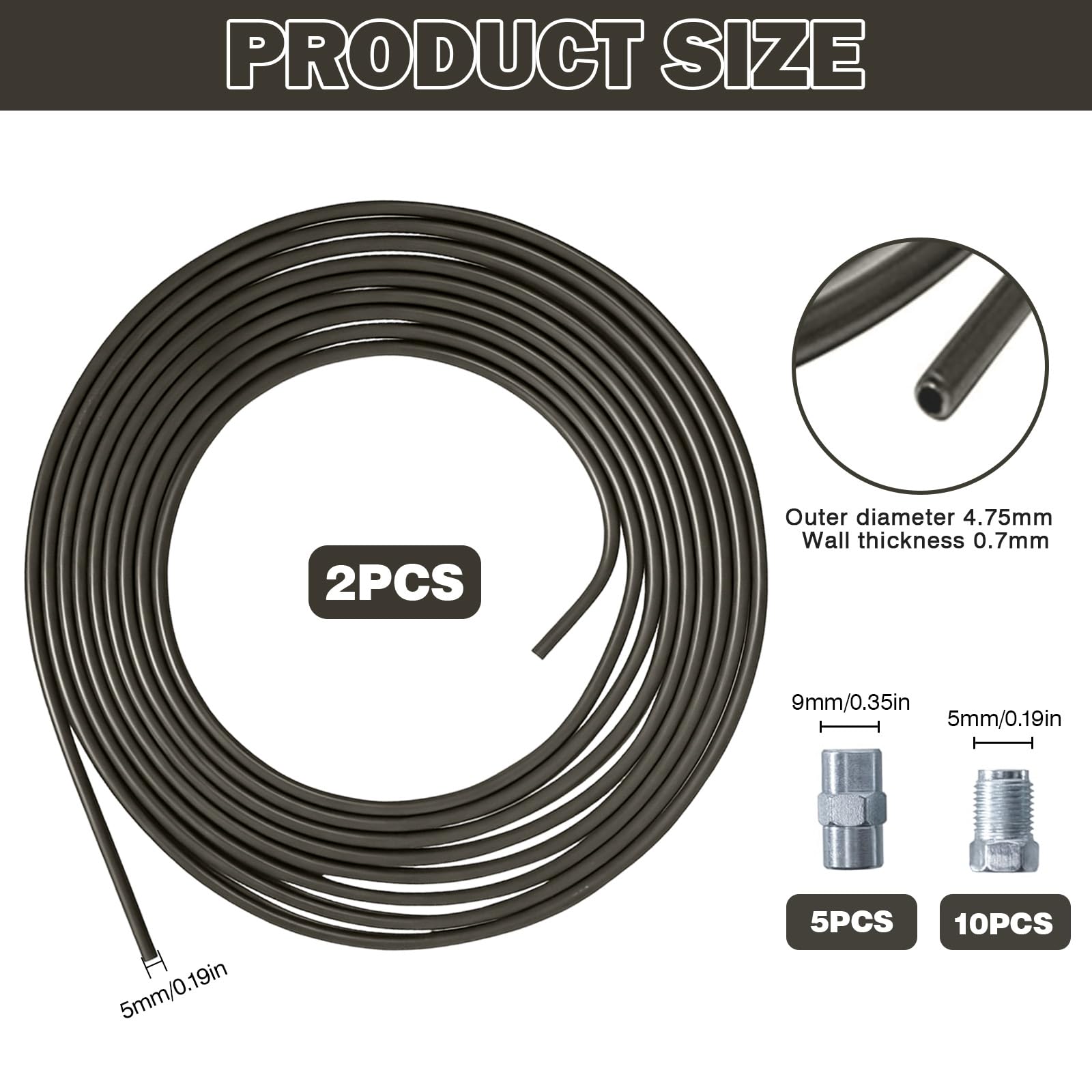 2 tubi del freno da 5 m, Ø 4,75 mm, in acciaio ramato, set con 10 viti e 5 connettori M10 × 1, conforme alla norma DIN 74234, adatto per bordi F, auto e moto