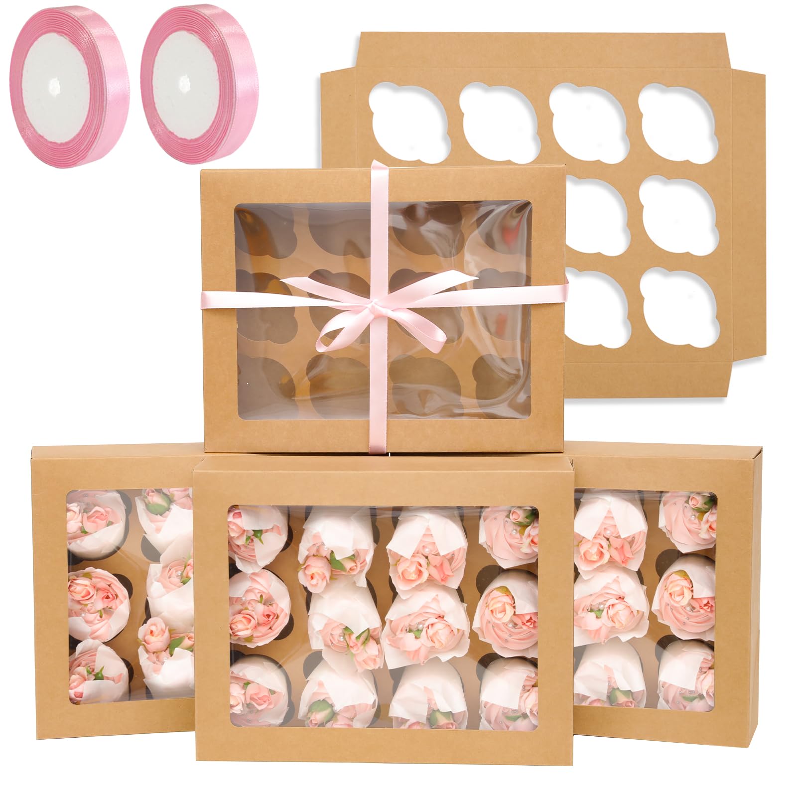 Auto-pop Up Cupcake Boxes with Window Brown 40PCS 12 Count Cupcake Box 13″x10…