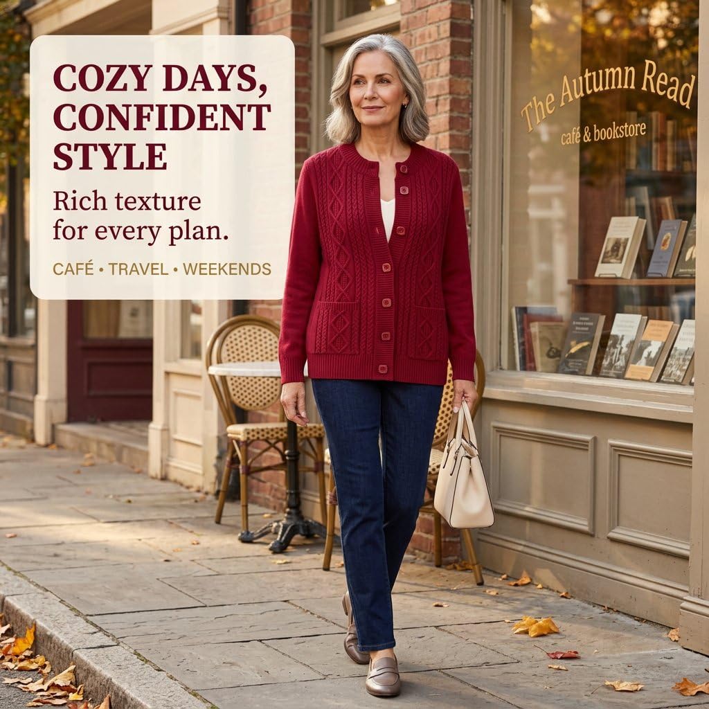 Cardigan Trecce con Tasche per Donne di Mezza età e Anziane, Giacca Cardigan Girocollo con Bottoni sul Davanti, Abbigliamento Casual Nonna, Capospalla Caldo Autunnale
