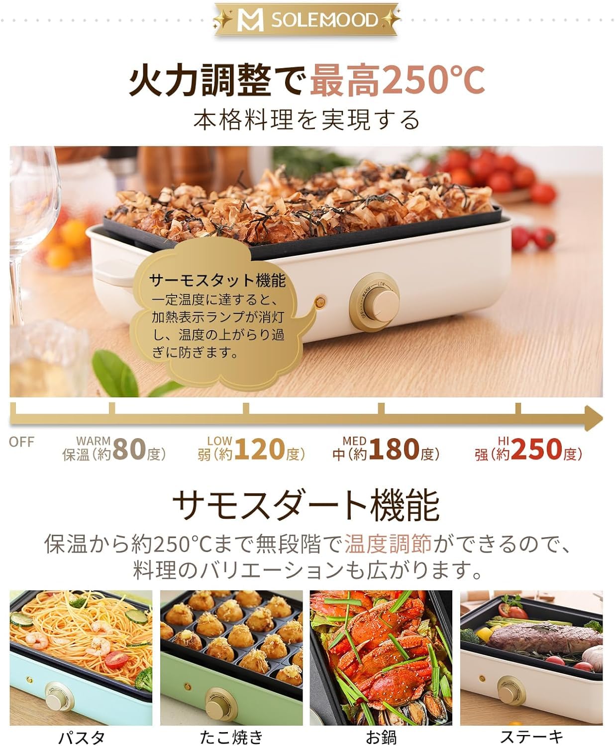 Amazon | SOLEMOOD ホットプレート コンパクト着脱式 温度調節機能付き