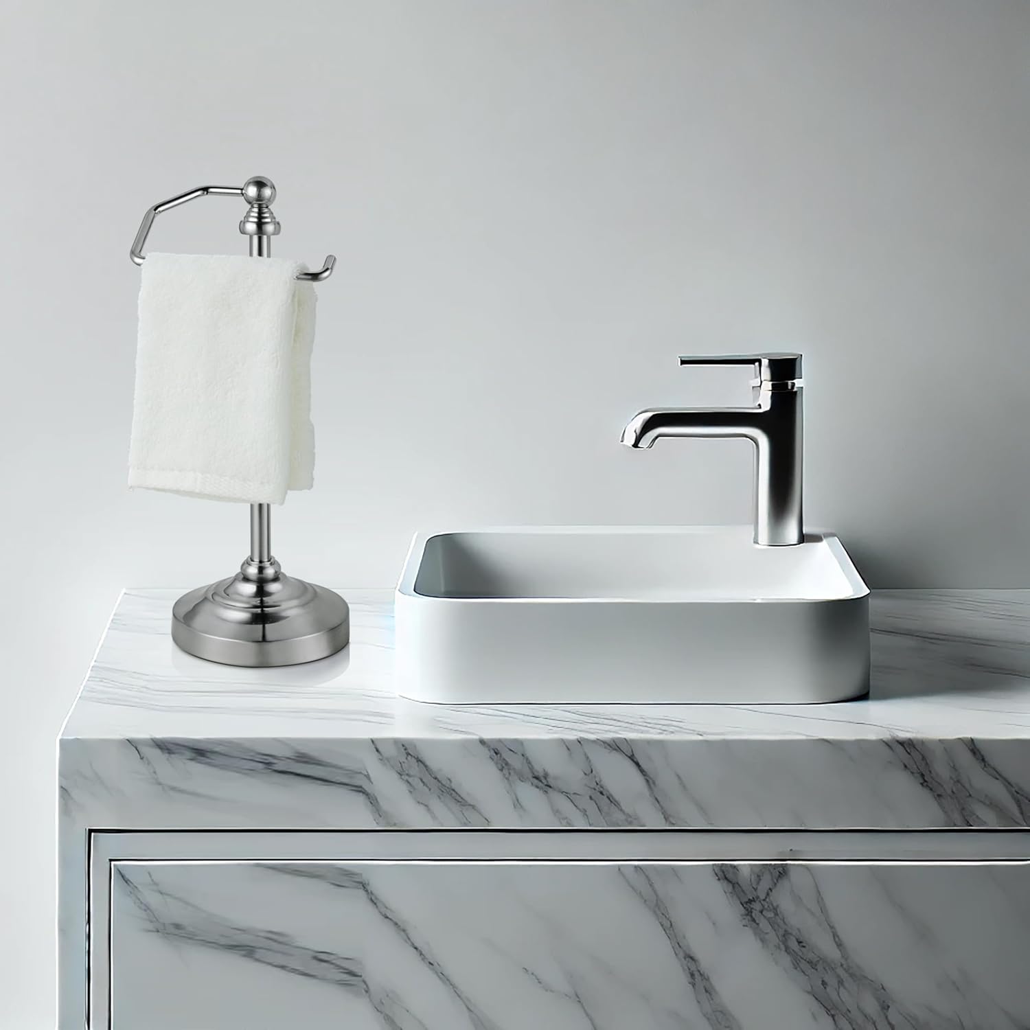 SunnyPoint Deluxe Free Standing Heavy Weighted Countertop Fingertip Towel Holder Stand (Satin Nickle) - Image 3