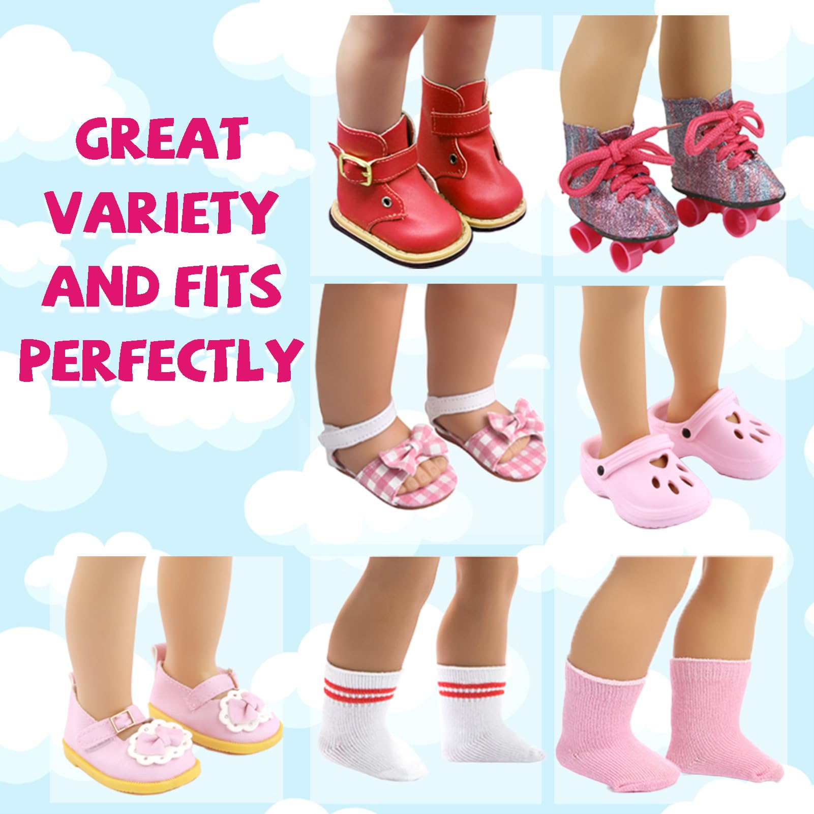 Zapatos de muñeca de 18 pulgadas – 5 pares de diferentes tipos (botas/patines/sandalias/zuecos) + 2 pares de calcetines rosa/blanco de 18 pulgadas accesorios para muñecas de 18 pulgadas, accesorios de 3