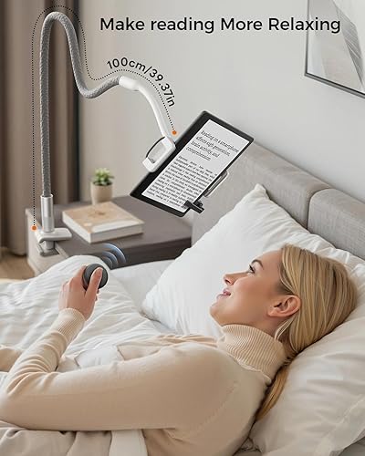 Miniatura 4 de SAIJI Soporte de cuello de cisne para Kindle con volteador de páginas remoto, soporte para tablet para cama, brazo flexible de 39.4 in, manos