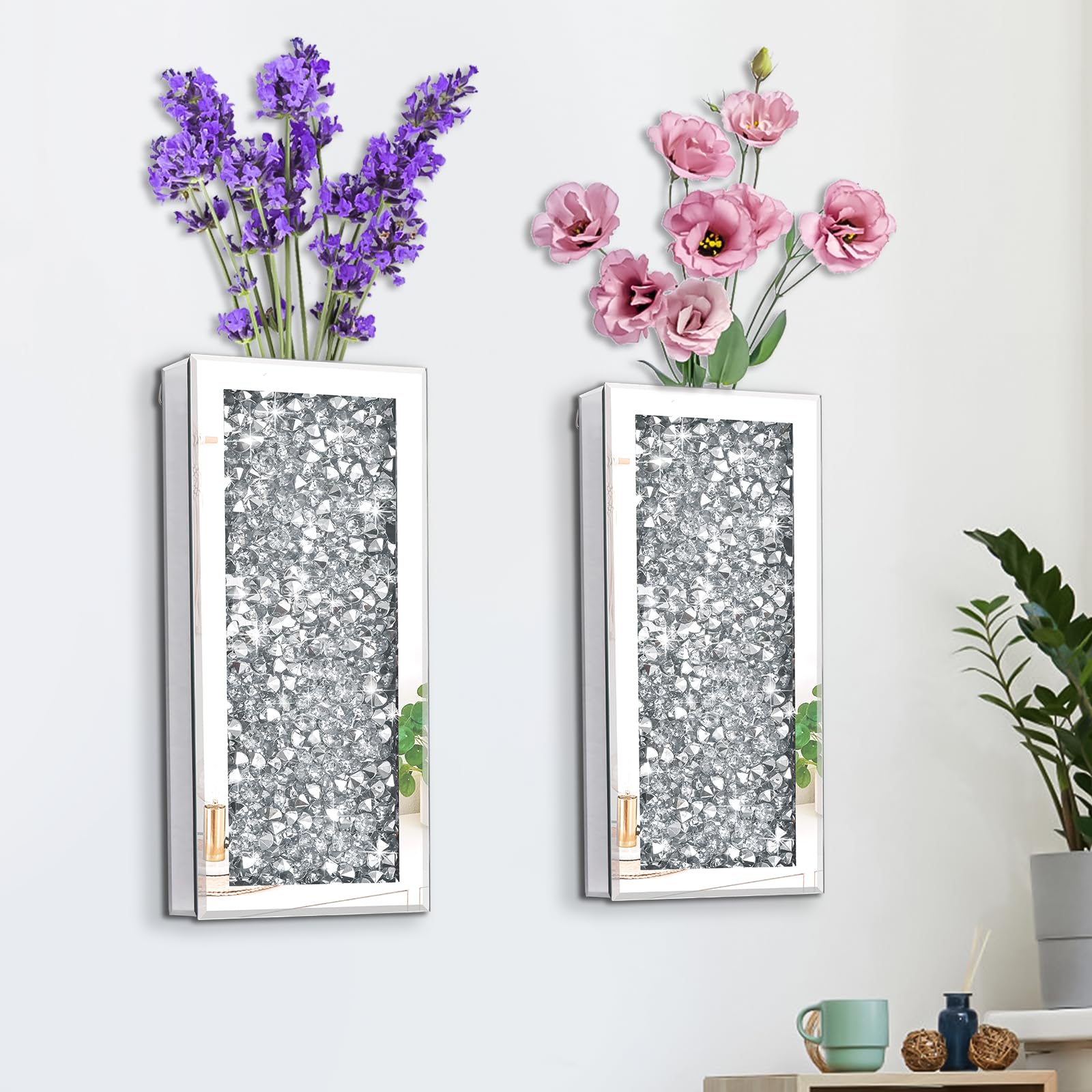 Crushed Diamond Mirrored Wall Vase Crystal Silver Mirror Flower Vase Stunning Decorative Glass Hanging Planter for Home Decor Living Room Dining Room Bedroom.Can't Hold Water(Set of 2)