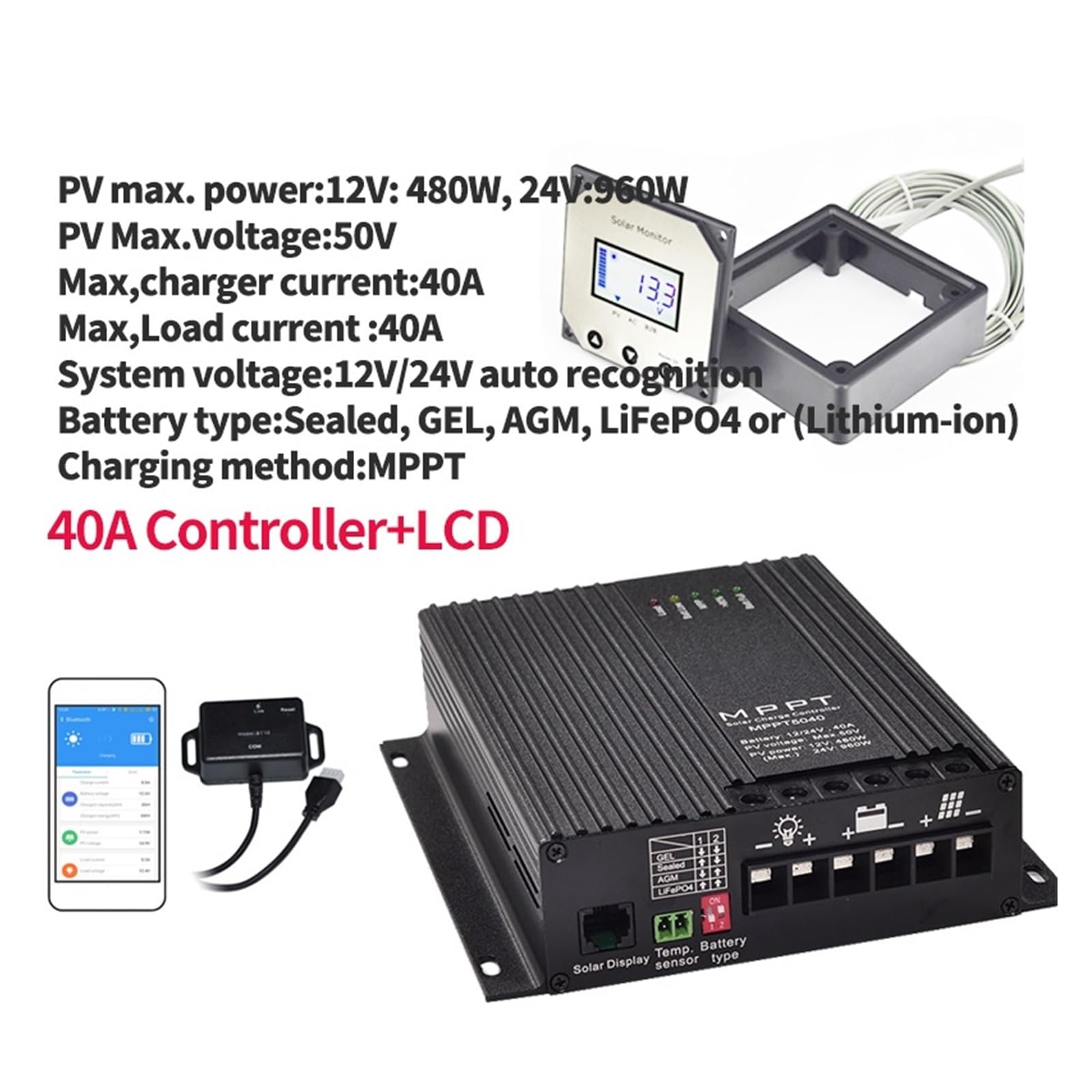 Contrôleur de charge solairev Contrôleur De Chargeur Solaire MPPT 40A 12V 24V, Support Bluetooth APP LCD, Régulateur Automatique De Panneaux Solaires For Batterie Au Lithium, Camping-car Simple et pra