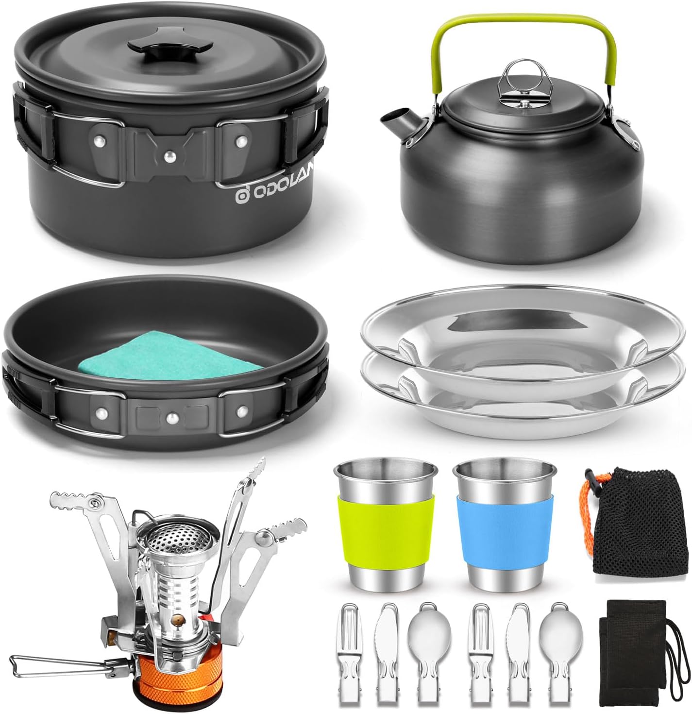 Odoland 16pcs Camping Cookware Set with Folding Camping Stove, Non-Stick Lightweight Pot Pan Kettle Set with Stainless Steel Cups Plates Forks Knives Spoons for Camping Backpacking Outdoor Picnic Odoland 16pcs Camping Cookware Set with Folding Camping Stove, Non-Stick Lightweight Pot Pan Kettle Set with Stainless Steel Cups Plates Forks Knives Spoons for Camping Backpacking Outdoor Picnic