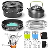 16pcs Camping Cookware Set with Folding Camping Stove, Non-Stick Lightweight Pot Pan Kettle Set with Stainless Steel Cups Plates Forks Knives Spoons for Camping Backpacking Outdoor Picnic