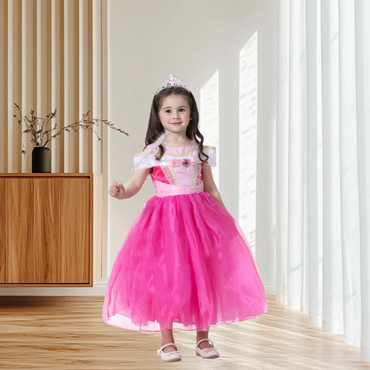 EARJIA Princess Dress up for Girls Pink Costume for Kids Fancy Dresses with Accessories Halloween Cosplay Carnival Party Outfit - Image 4