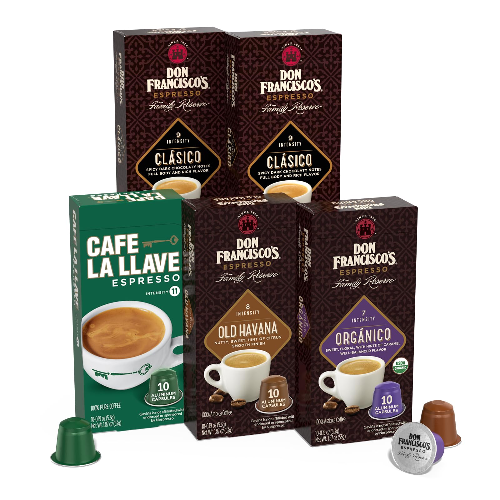 Don Francisco's and Cafe La Llave Espresso Capsule Variety Pack - 50 Recyclable Aluminum Pods Compatible with Nespresso Original Line Machines - Premium Coffee with 4 Flavors and Intensities