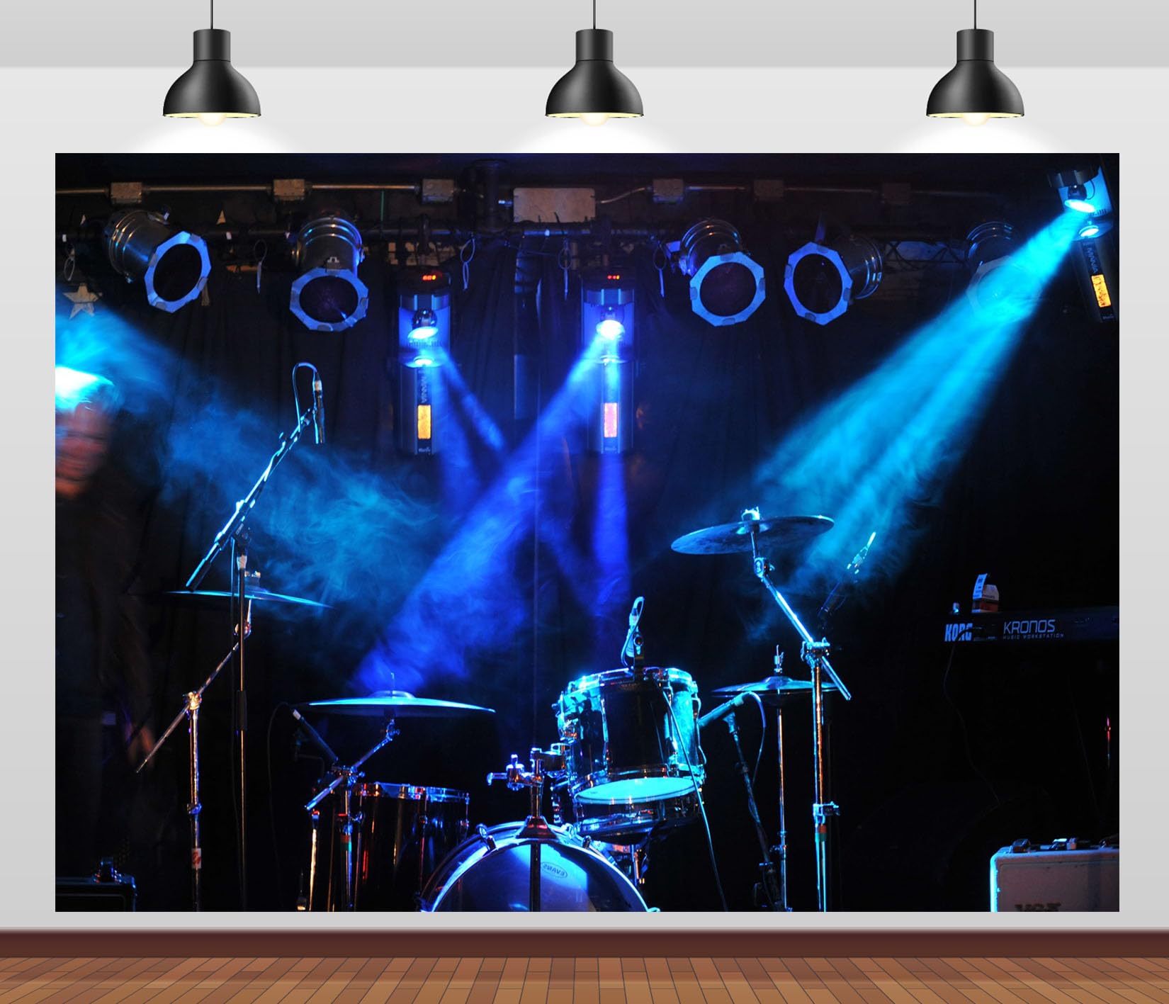 12x8FT (3.6x2.5m) Palco Con Batteria Sotto Faretti Blu Sfondo Fotografico | Locale Musicale Dai Toni Freddi Fondale In Tessuto,Batteria Microfoni Luci,Per Feste Musicali E Ritratti,Photo Booth